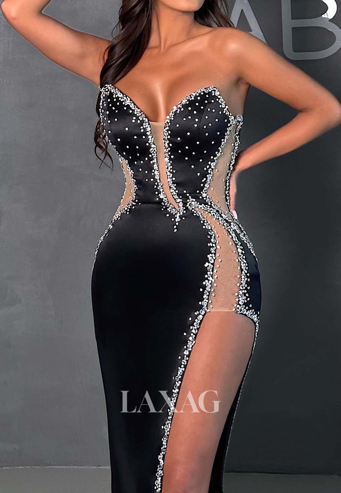 Plunging V-Neck Beaded Satin High Slit Mermaid Prom Dress Off-Shoulder Sleeveless Party Gowns