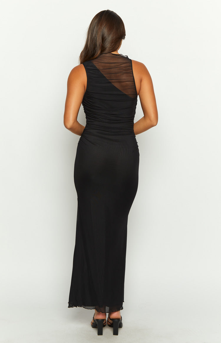 High Neck Sleeveless Sheer Mesh Panel Ruched Bodycon Maxi Dress 5
