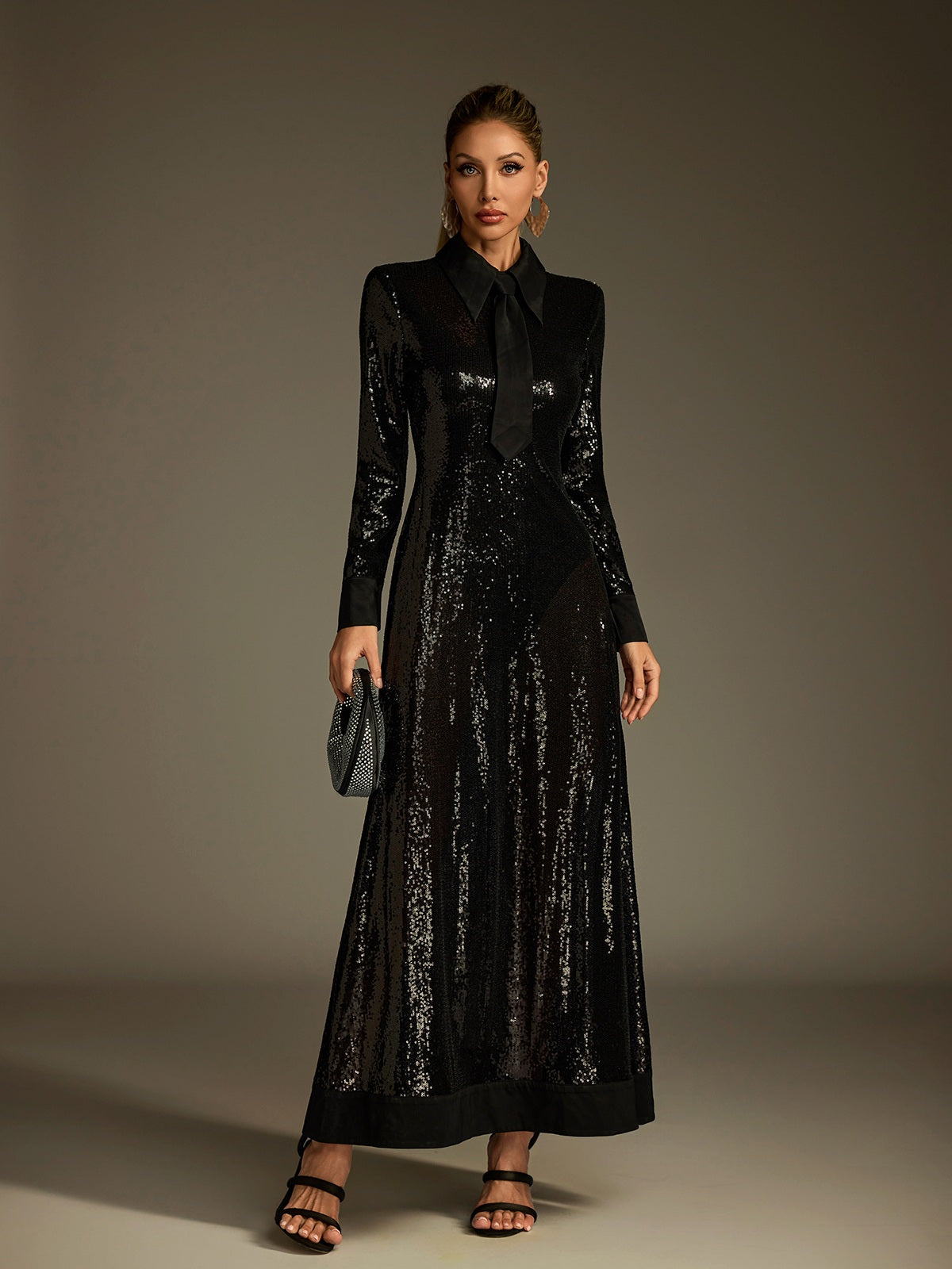 Sequin Collared Tie Neck Long Sleeve A-Line Maxi Dress