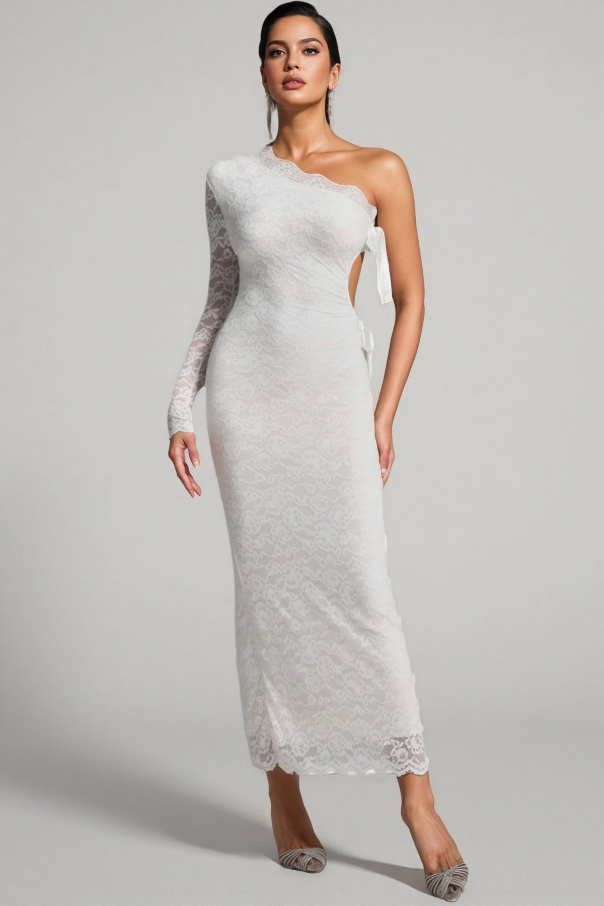 One Shoulder Long Sleeve Lace Side Bow Cut Out Bodycon Maxi Dress