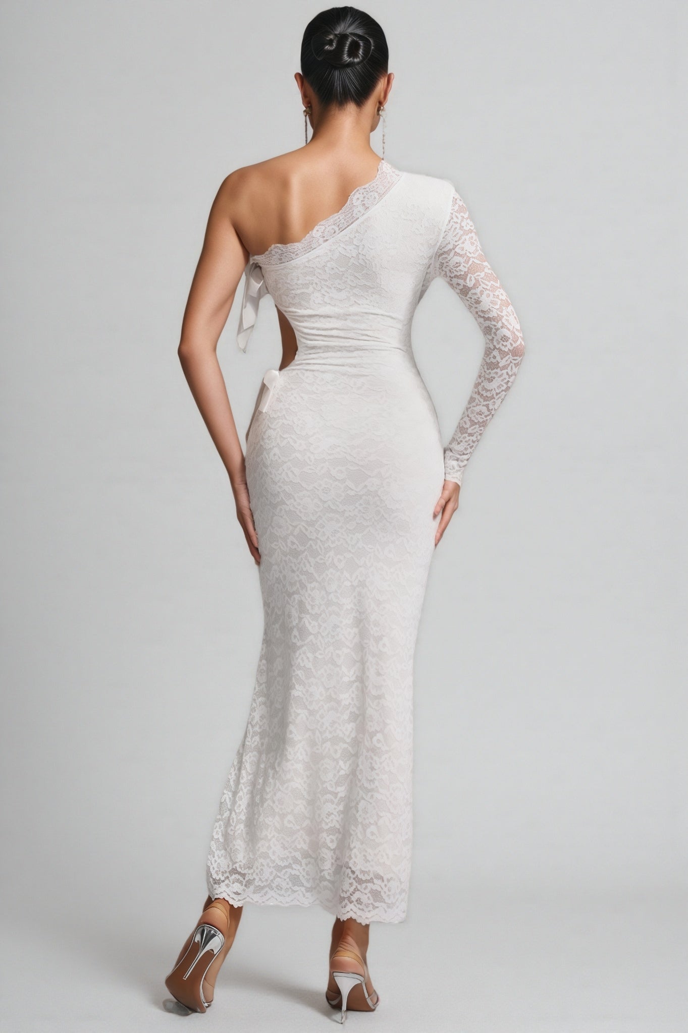 Sylase One Shoulder White Lace Maxi Dress - View 5