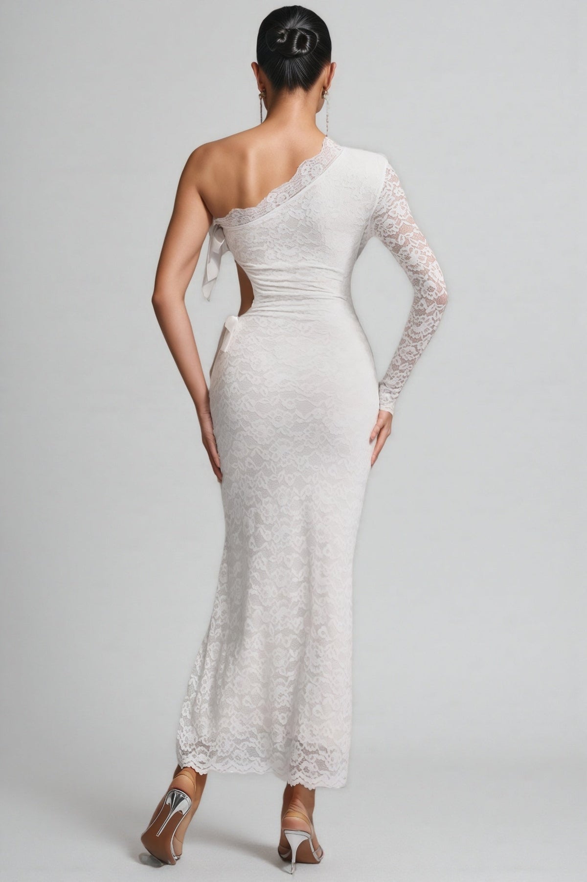 One Shoulder Long Sleeve Lace Side Bow Cut Out Bodycon Maxi Dress 5