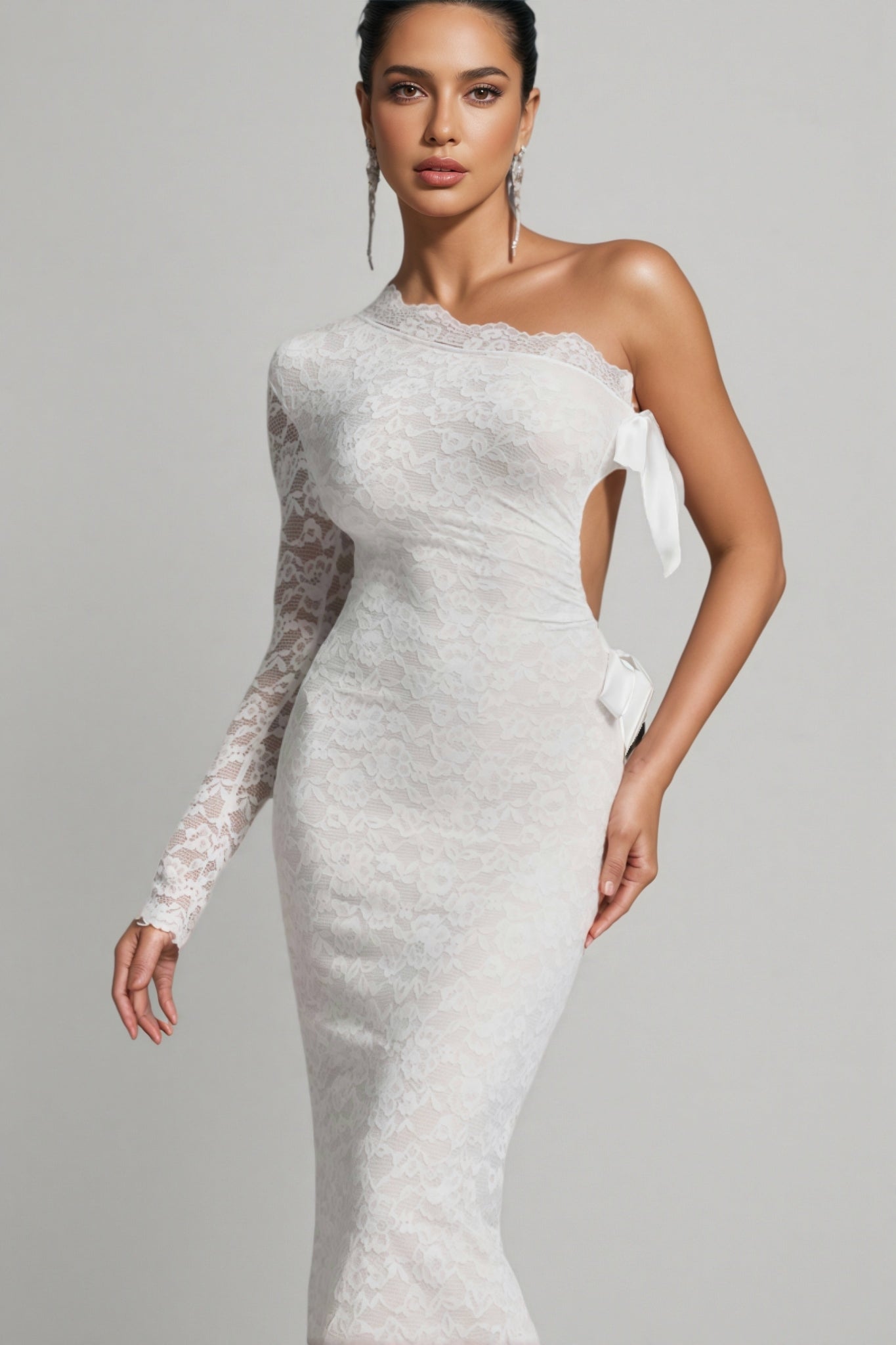 Sylase One Shoulder White Lace Maxi Dress - View 4