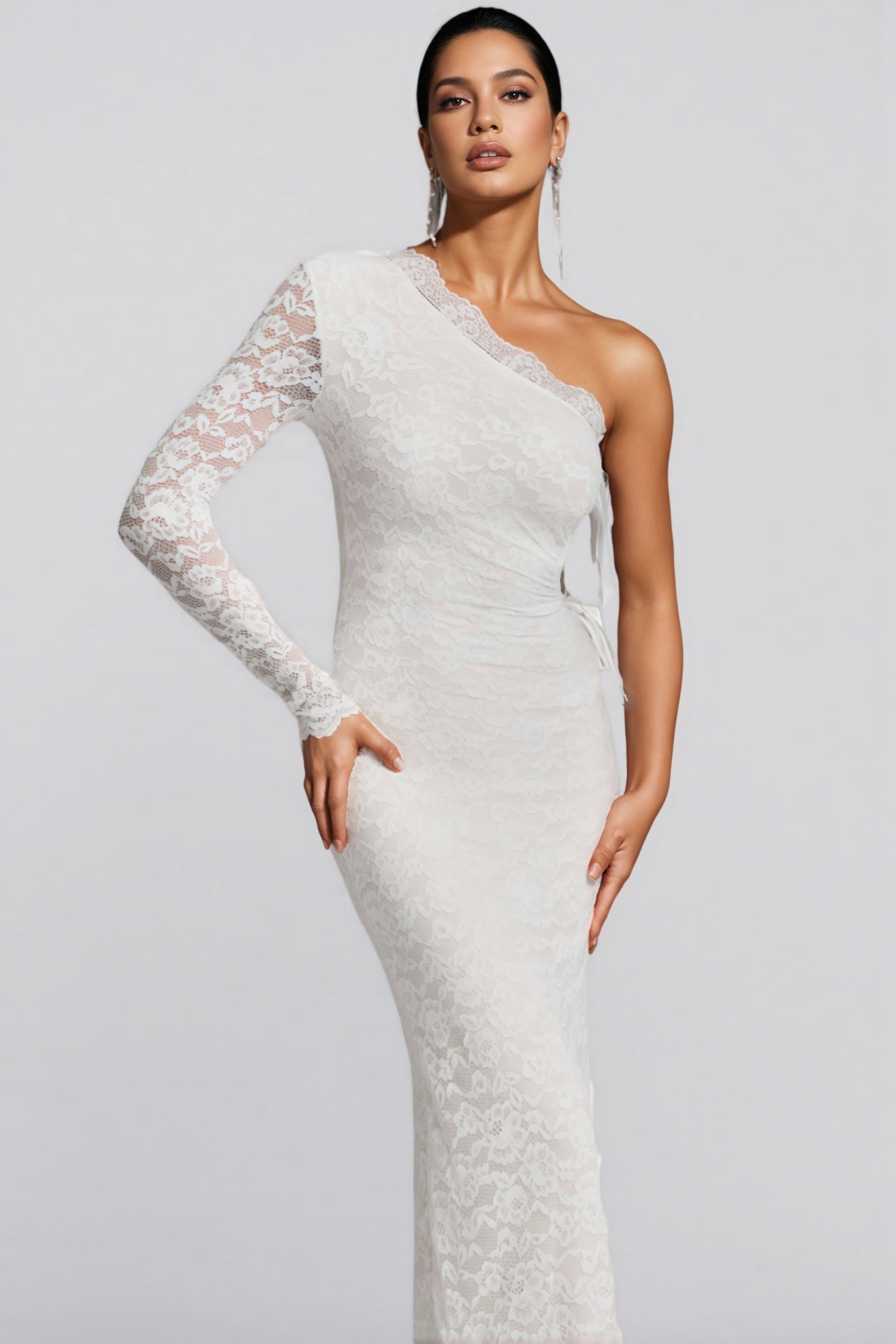 Sylase One Shoulder White Lace Maxi Dress - View 3