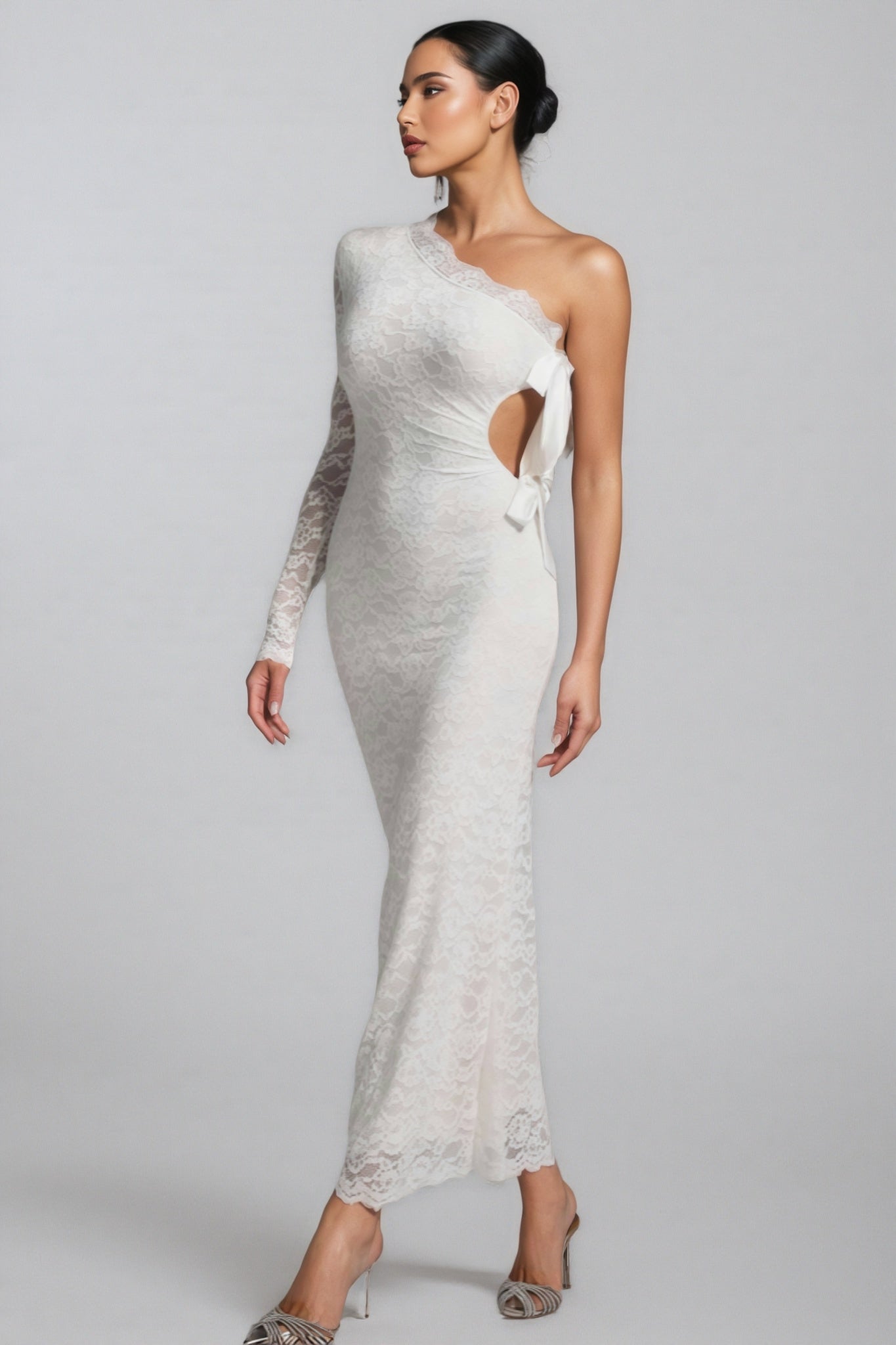 Sylase One Shoulder White Lace Maxi Dress - View 2