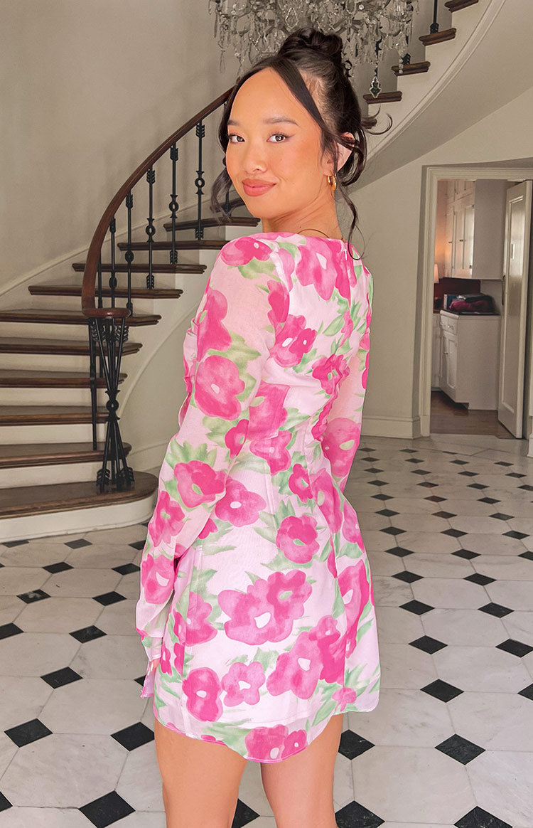 Floral Print Square Neck Long Sleeve Side Tie Mini Dress 6