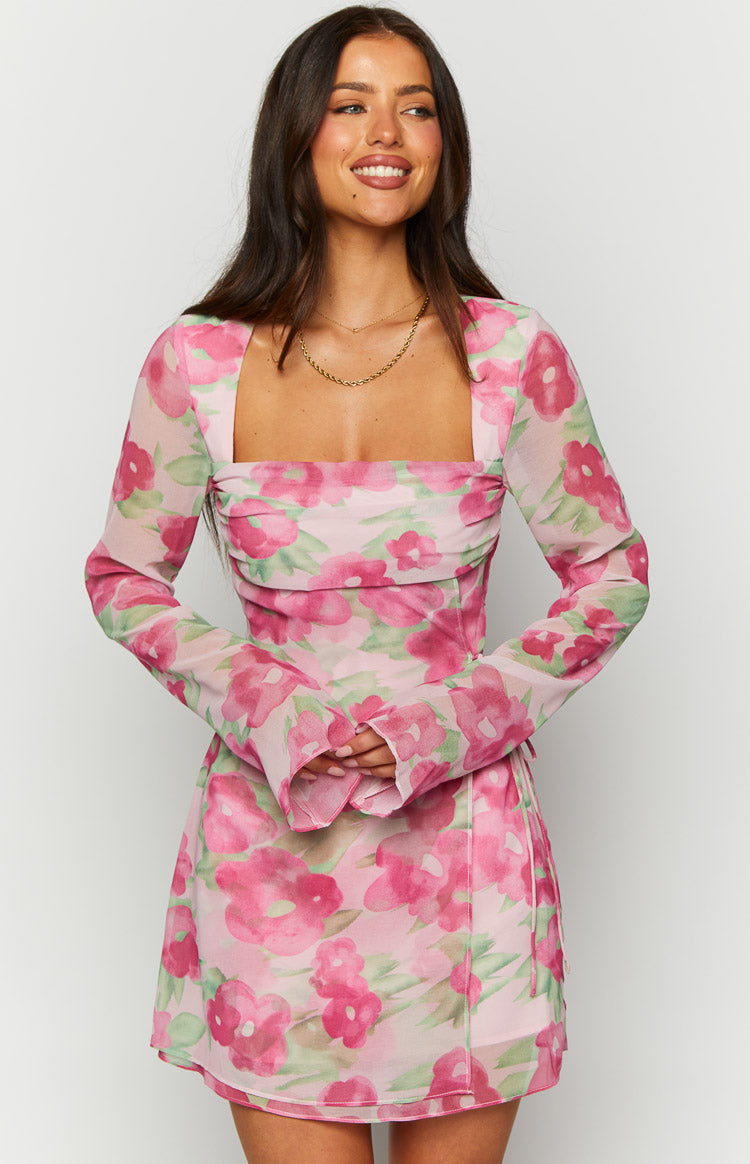 Floral Print Square Neck Long Sleeve Side Tie Mini Dress 2