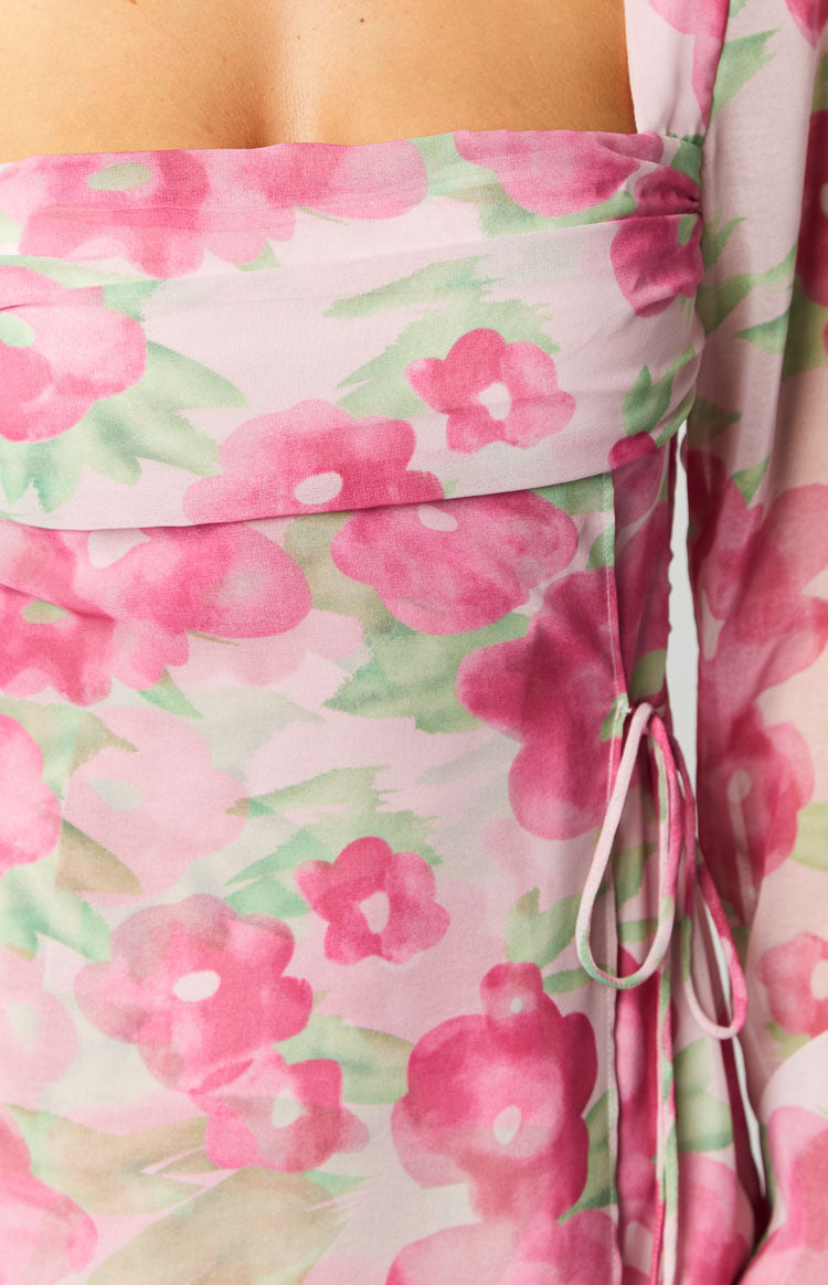 Floral Print Square Neck Long Sleeve Side Tie Mini Dress 8