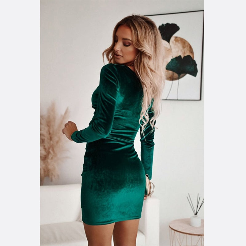 Velvet Deep V-Neck Long Sleeve Ruched Wrap Bodycon Mini Dress