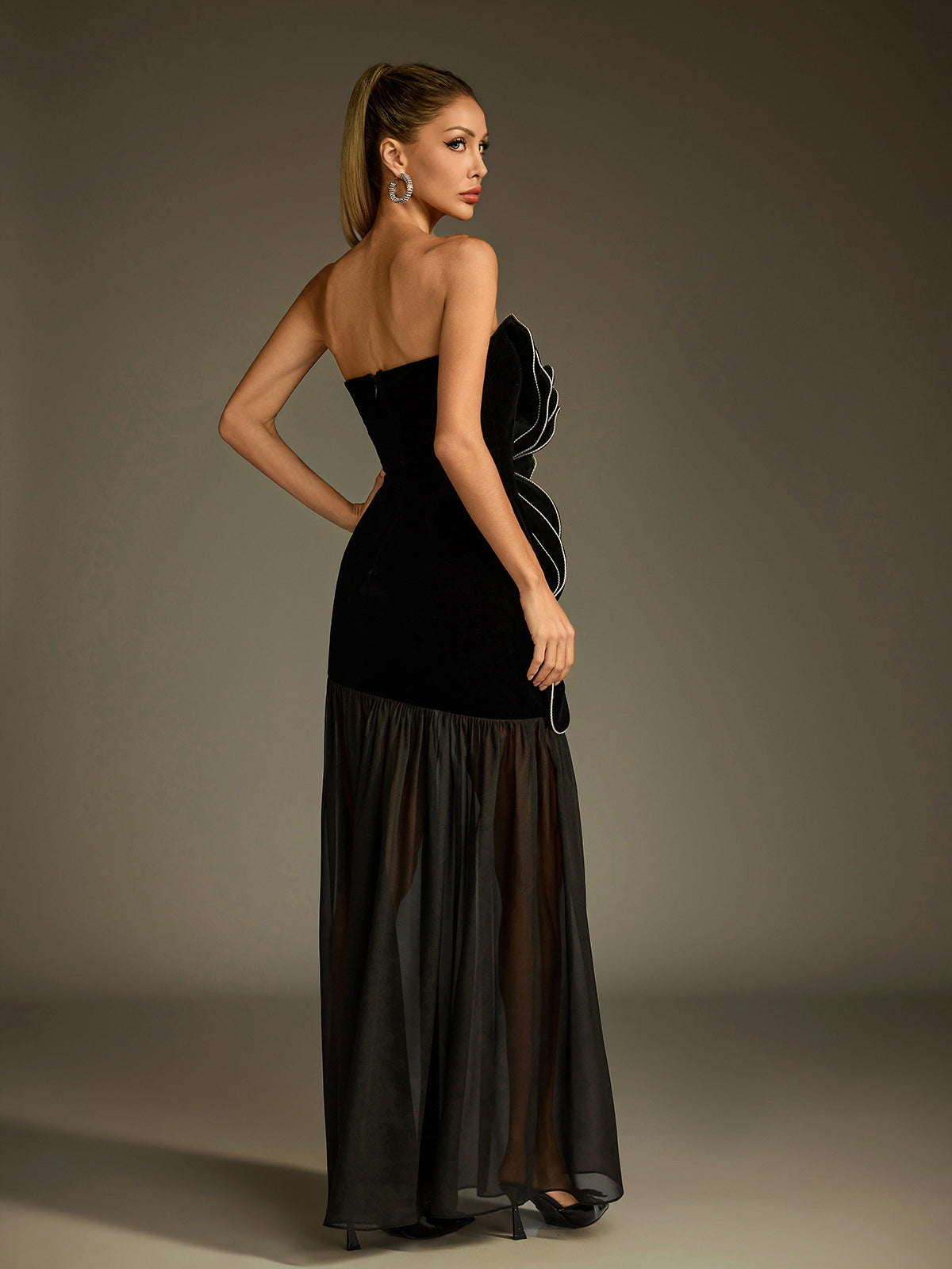 Strapless Flower Mesh Maxi Dress - View 6