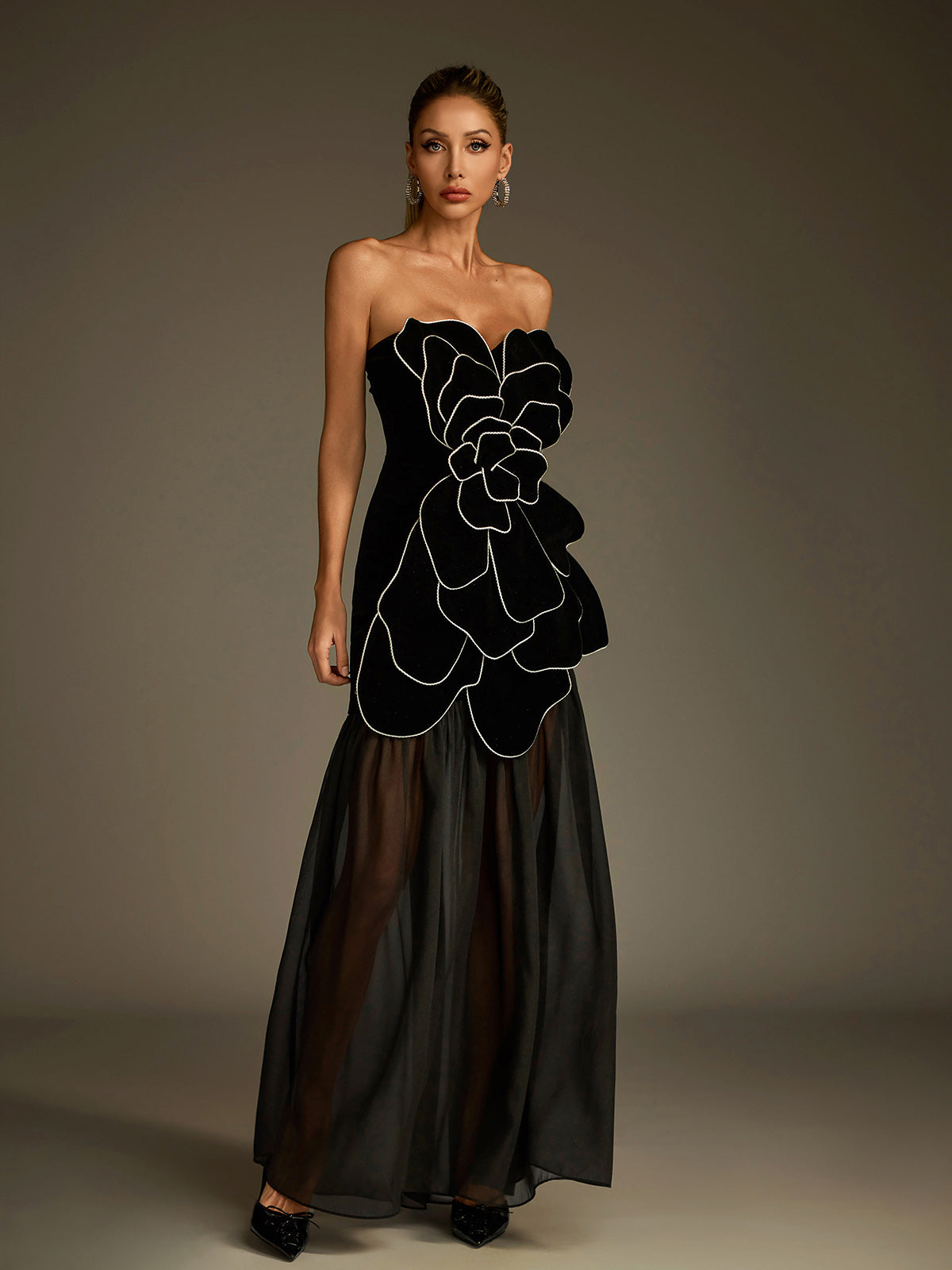 Strapless Flower Mesh Maxi Dress - View 4