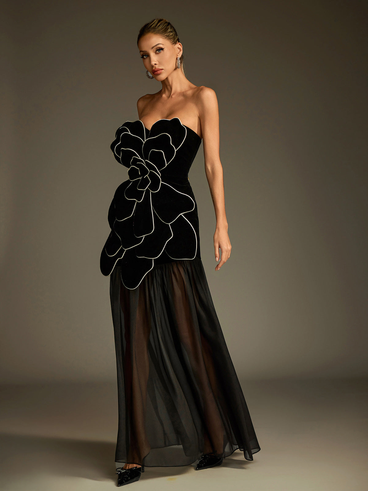 Strapless Flower Mesh Maxi Dress - View 5