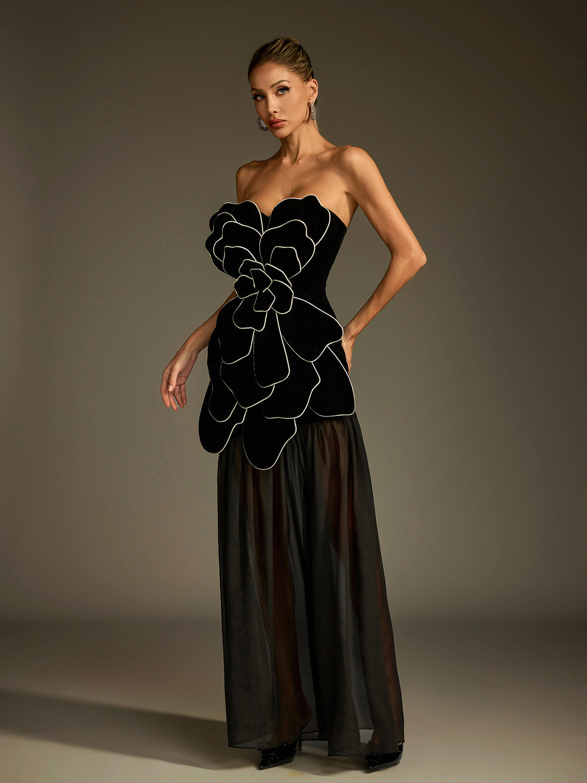 Strapless Flower Mesh Maxi Dress - View 2