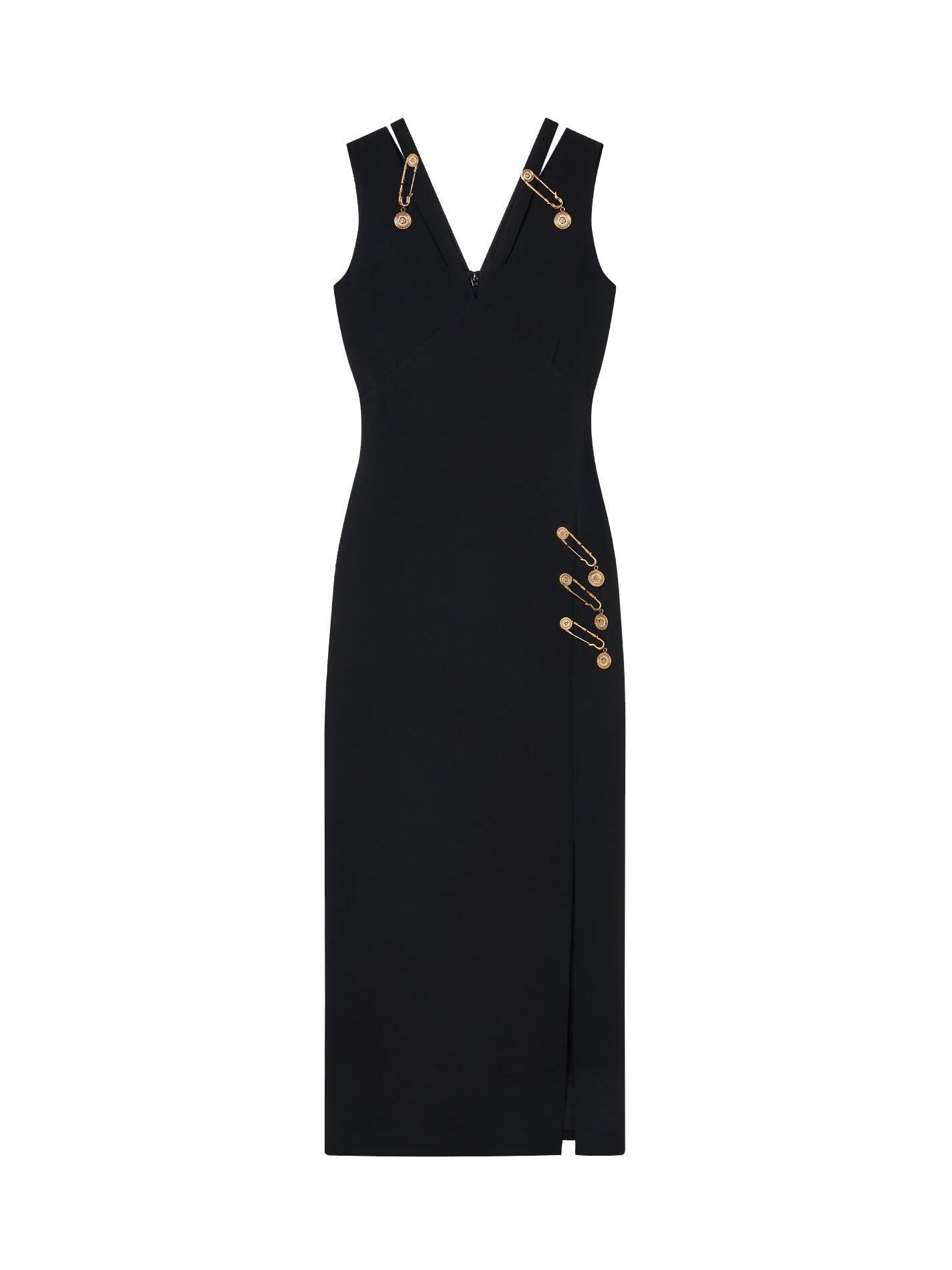 Deep V-Neck Safety Pin Embellished Bandage High Split Maxi Dress