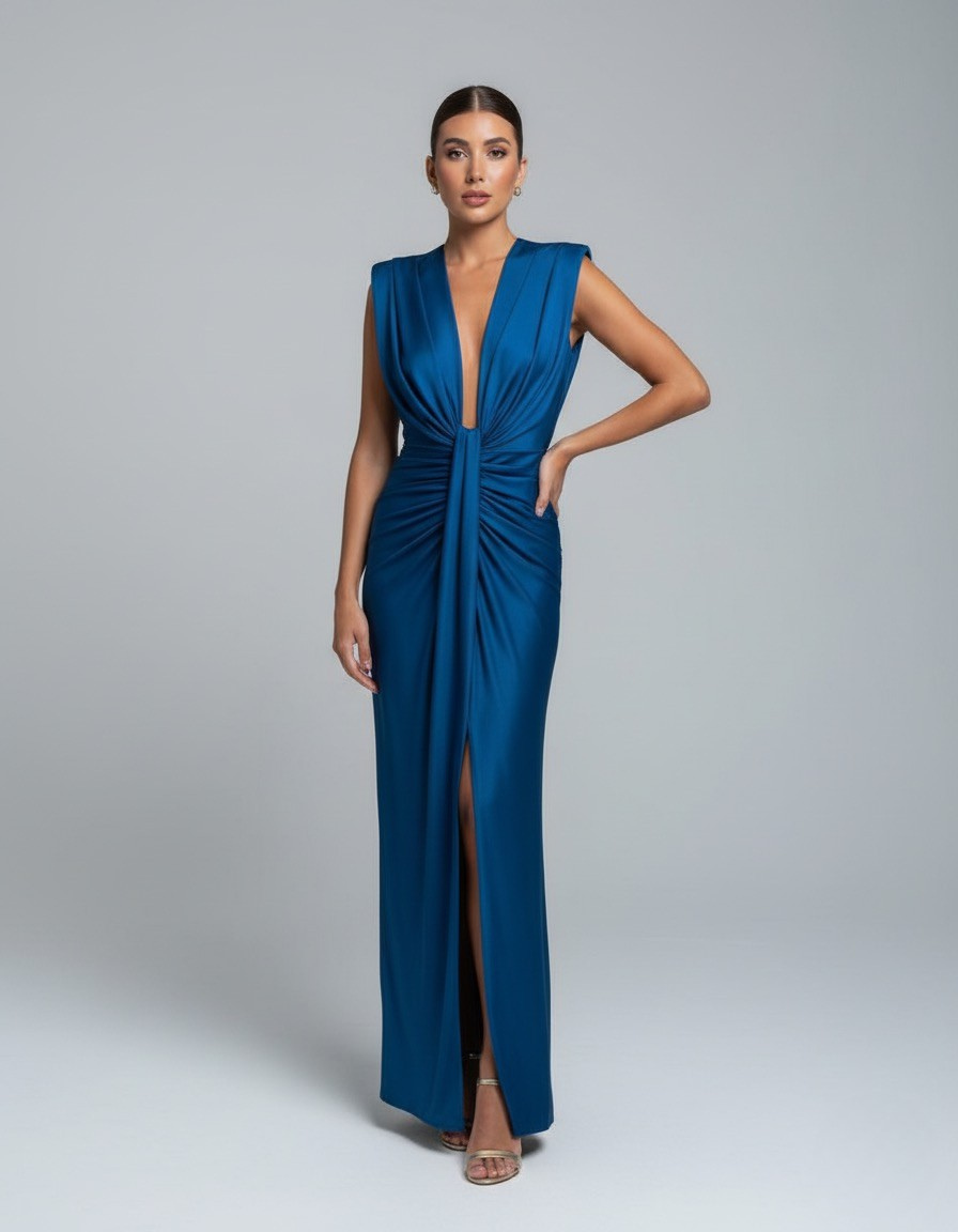 Satin Deep V-Neck Ruched High Split Maxi Dress Formal