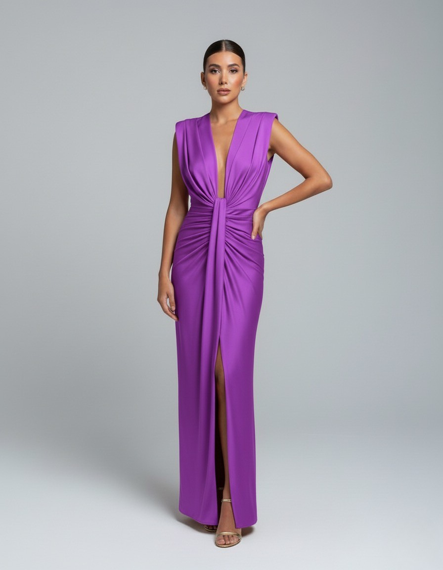 Satin Deep V-Neck Ruched High Split Maxi Dress Formal 4