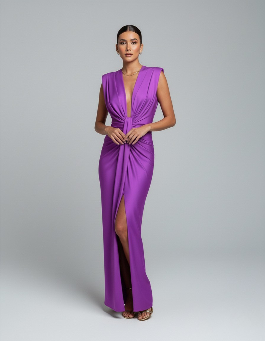 Satin Deep V-Neck Ruched High Split Maxi Dress Formal 6