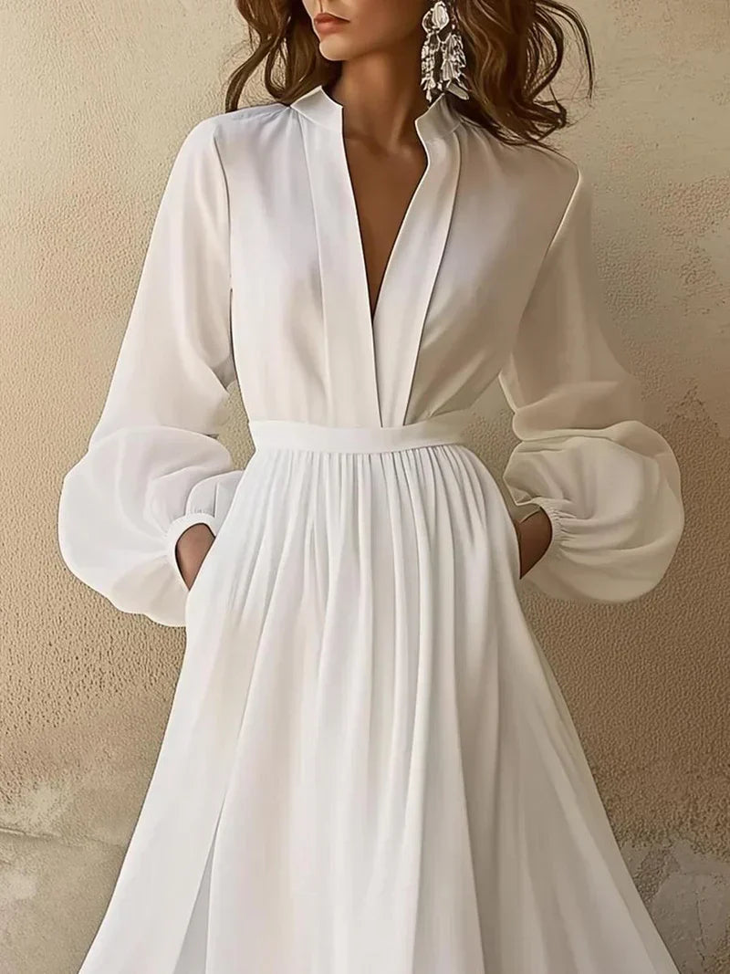 Deep V-Neck Bishop Sleeve High Split Chiffon Maxi Dress 2