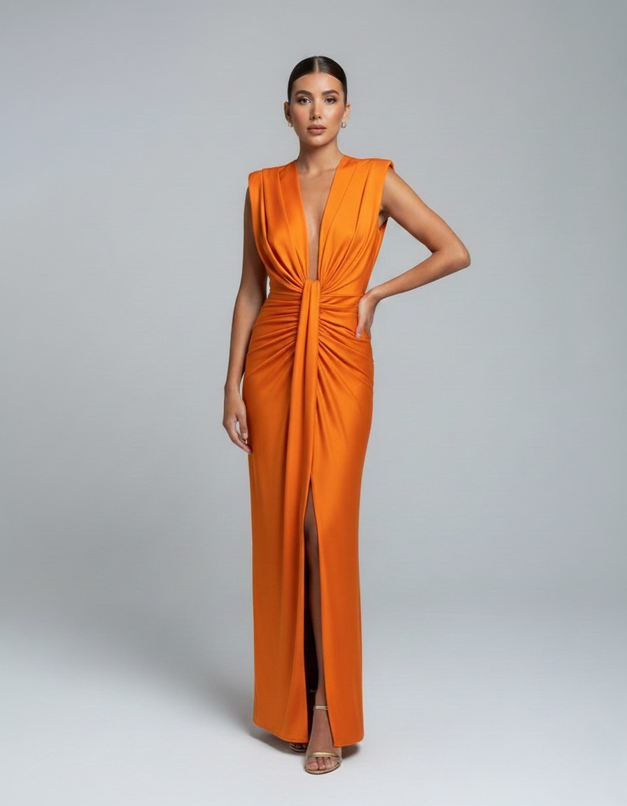 Satin Deep V-Neck Ruched High Split Maxi Dress Formal 7