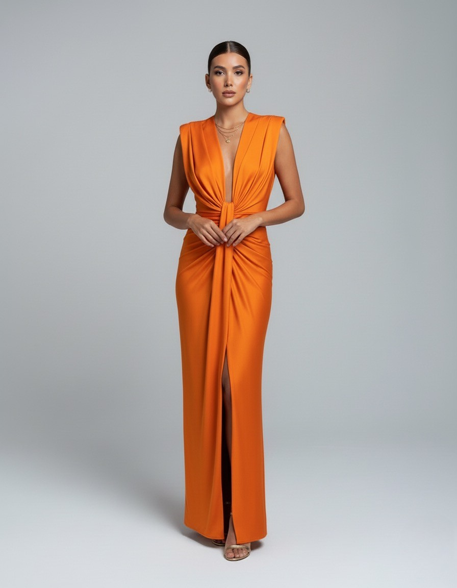 Satin Deep V-Neck Ruched High Split Maxi Dress Formal 9