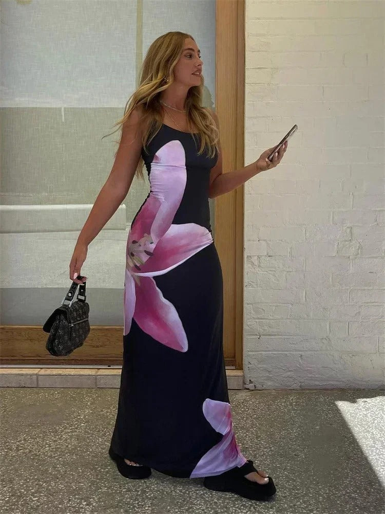 Floral Print A-Line Short Sleeve Maxi Dress