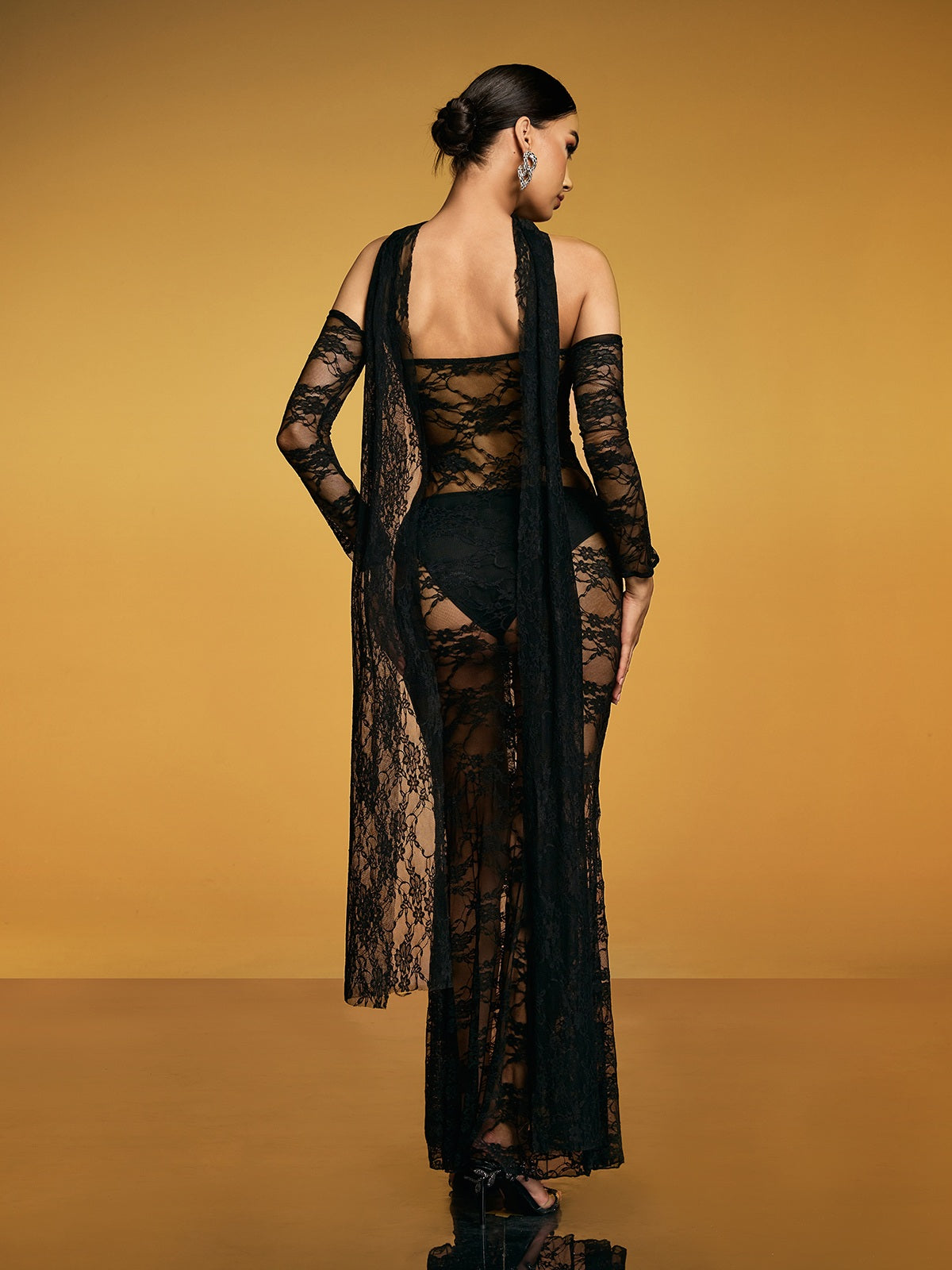 Cutout Split Lace Maxi Dress In Black - View 6