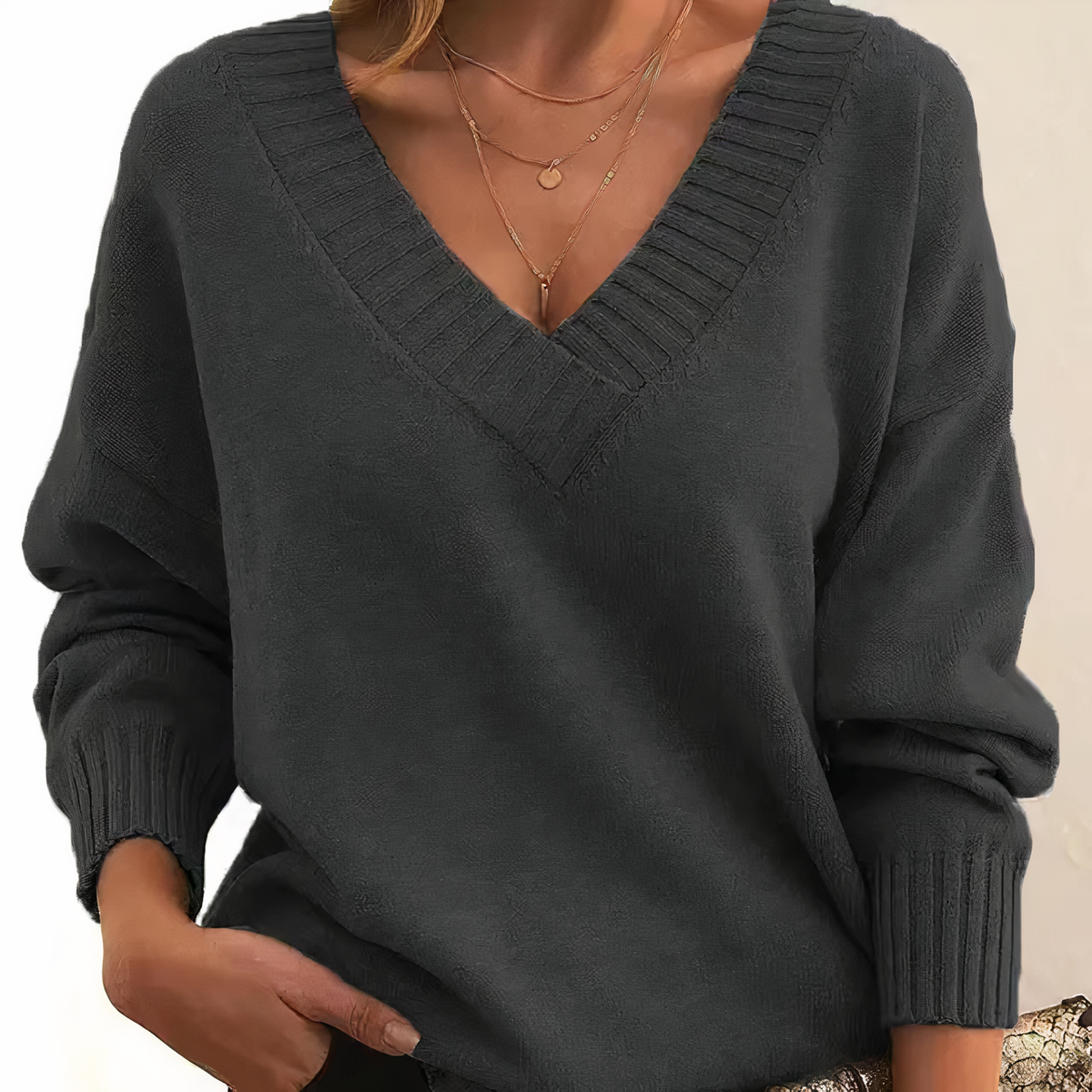 Deep V-Neck Ribbed Trim Drop Shoulder Sweater