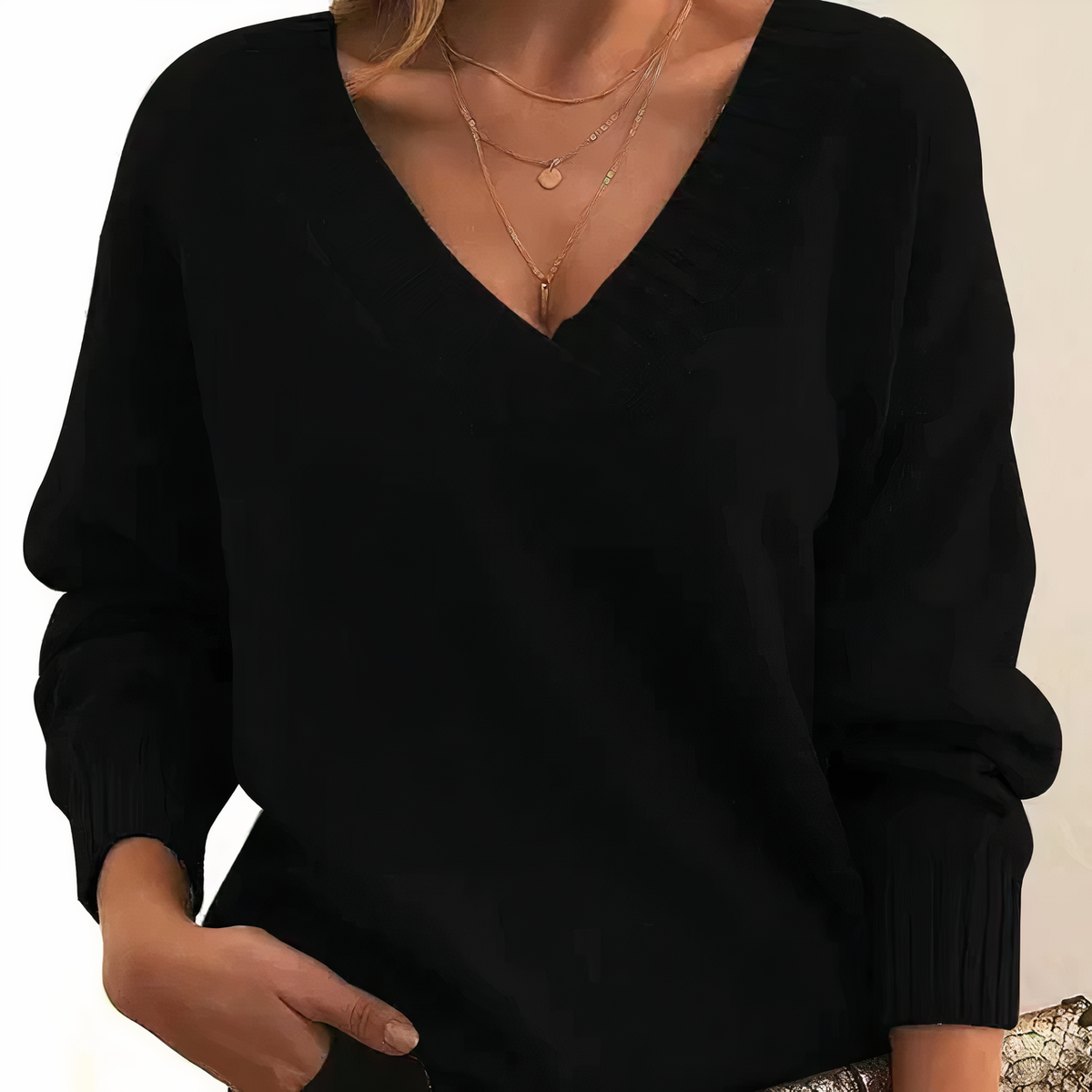 Deep V-Neck Ribbed Trim Drop Shoulder Sweater
