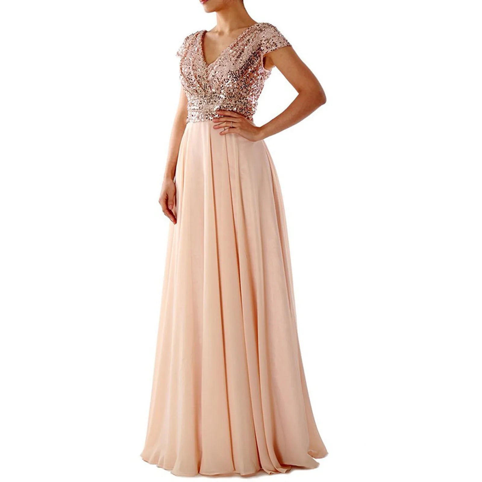 Sequin V-Neck Cap Sleeve Chiffon A-Line Maxi Gown