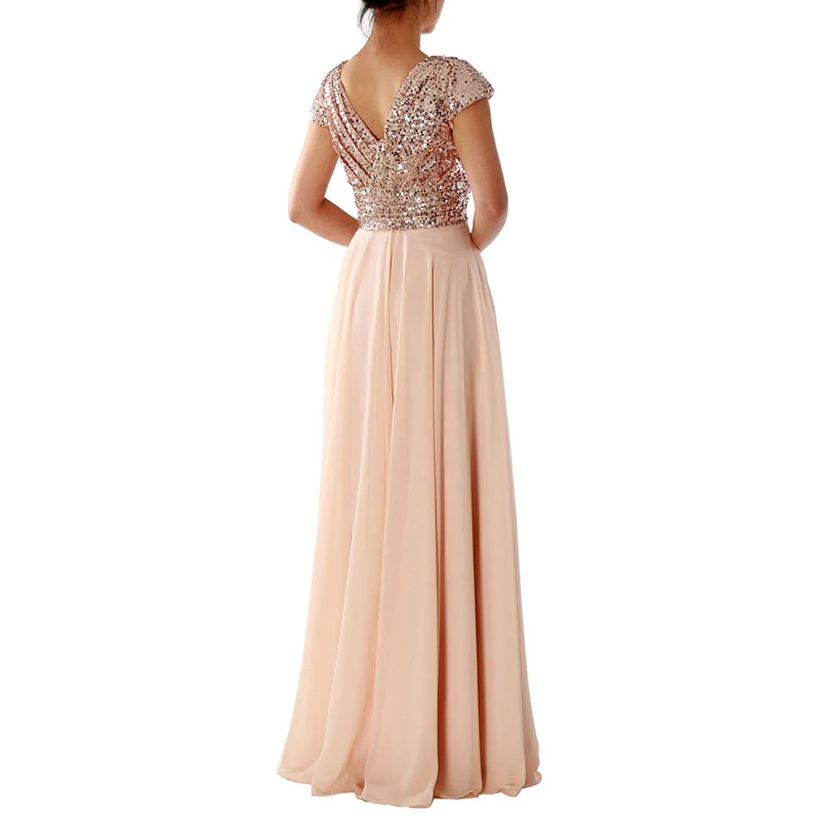 Sequin V-Neck Cap Sleeve Chiffon A-Line Maxi Gown