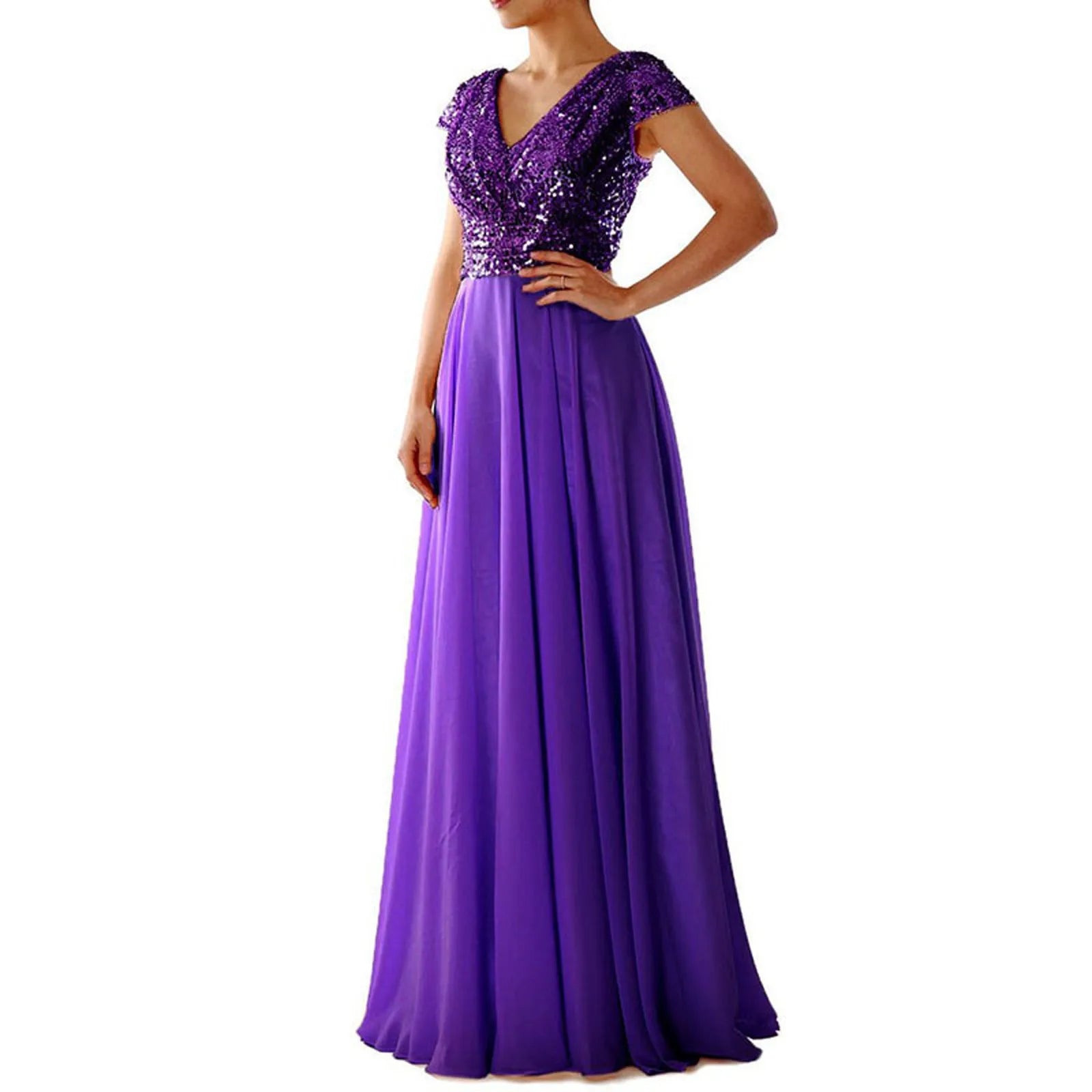 Sequin V-Neck Cap Sleeve Chiffon A-Line Maxi Gown