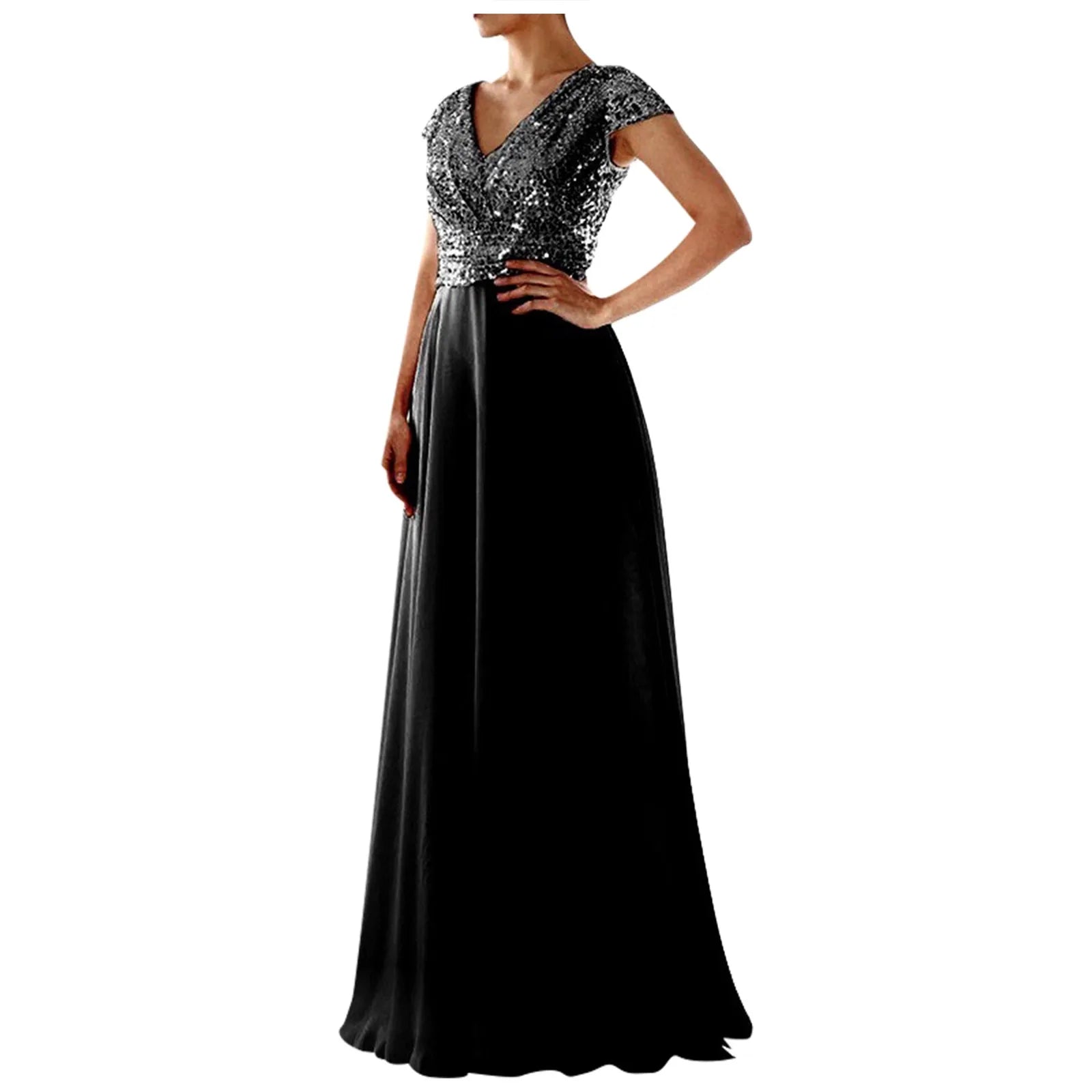 Sequin V-Neck Cap Sleeve Chiffon A-Line Maxi Gown
