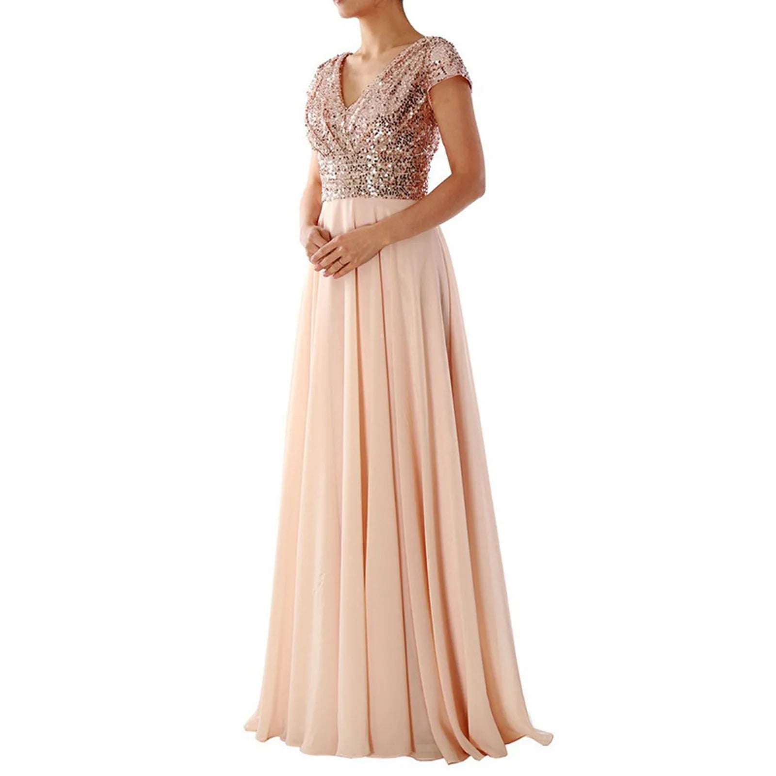 Sequin V-Neck Cap Sleeve Chiffon A-Line Maxi Gown