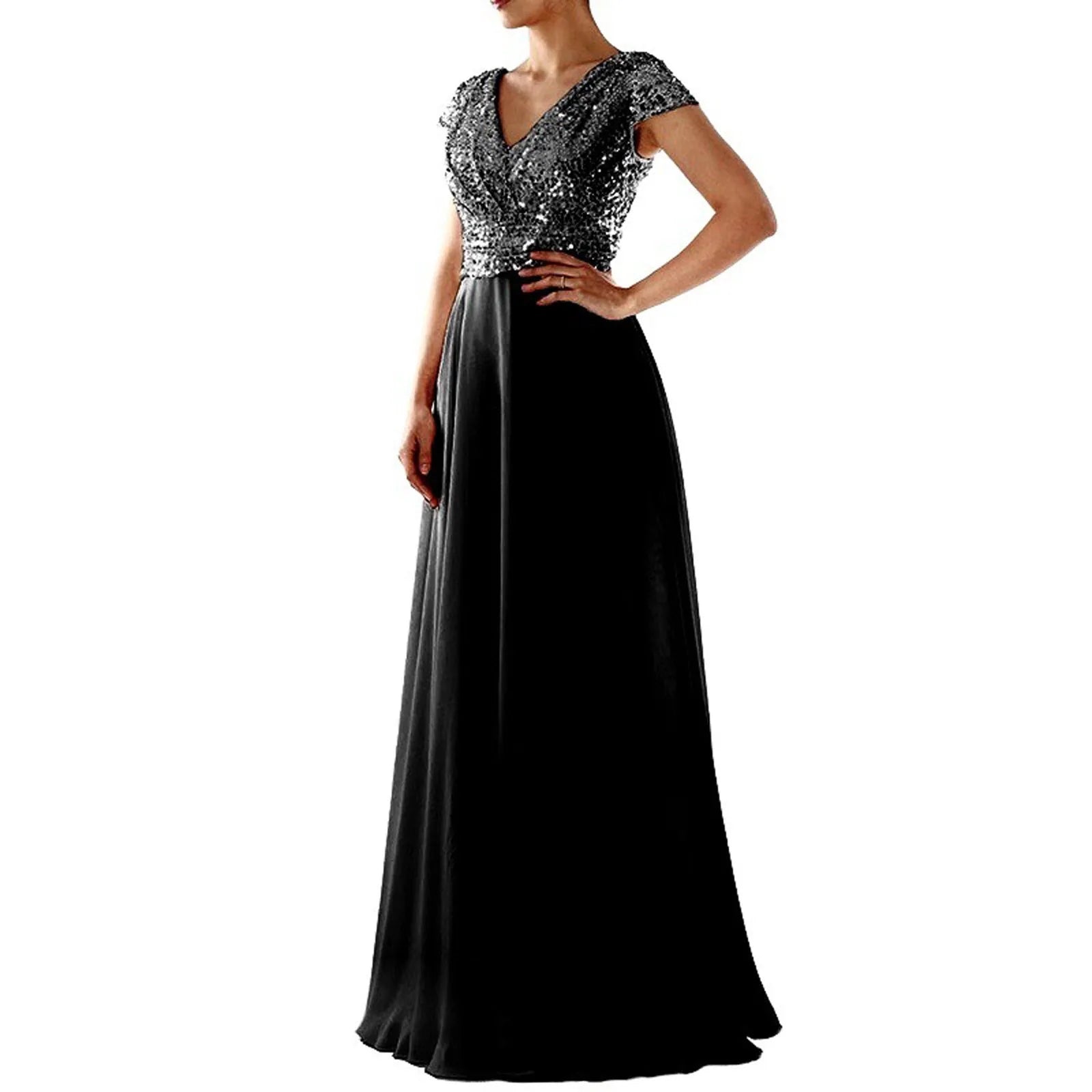 Sequin V-Neck Cap Sleeve Chiffon A-Line Maxi Gown