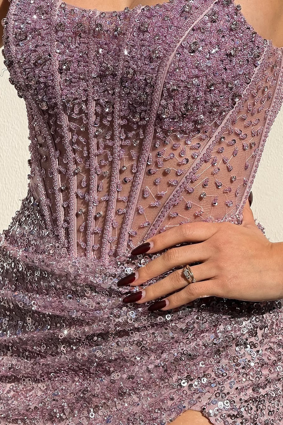 Luxurious Mermaid Strapless Lilac Sequins Corset Prom Dress with Beading