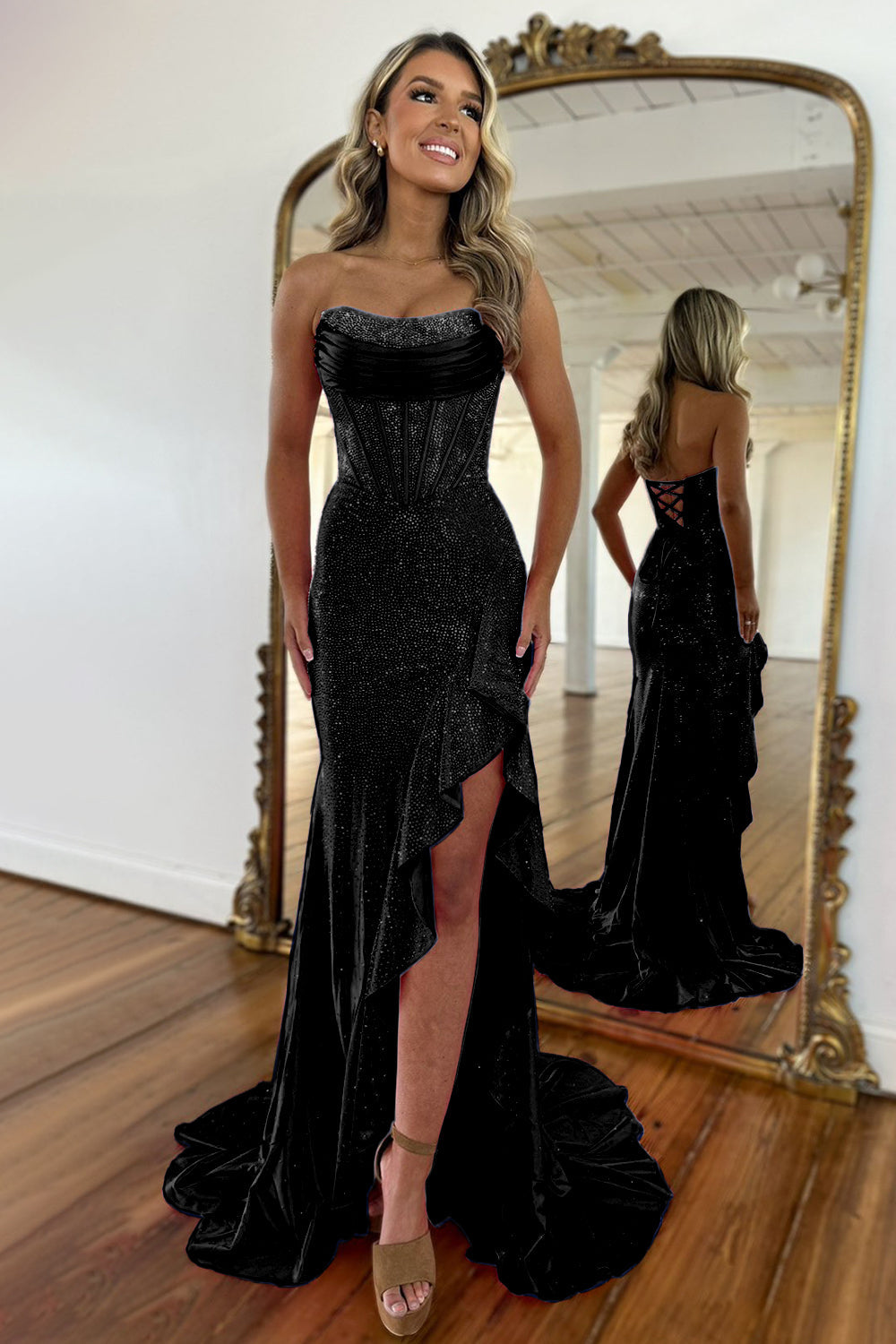 Sparkly Hot Pink Mermaid Strapless Long Beaded Prom Dress with Slit