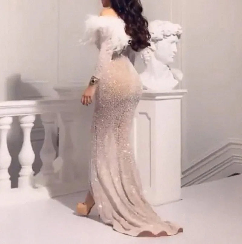 Sequin Off Shoulder Faux Feather Trim Long Sleeve High Split Maxi Dress 2