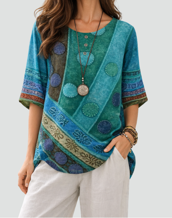 Patchwork Print Round Neck Half Sleeve Tunic Top