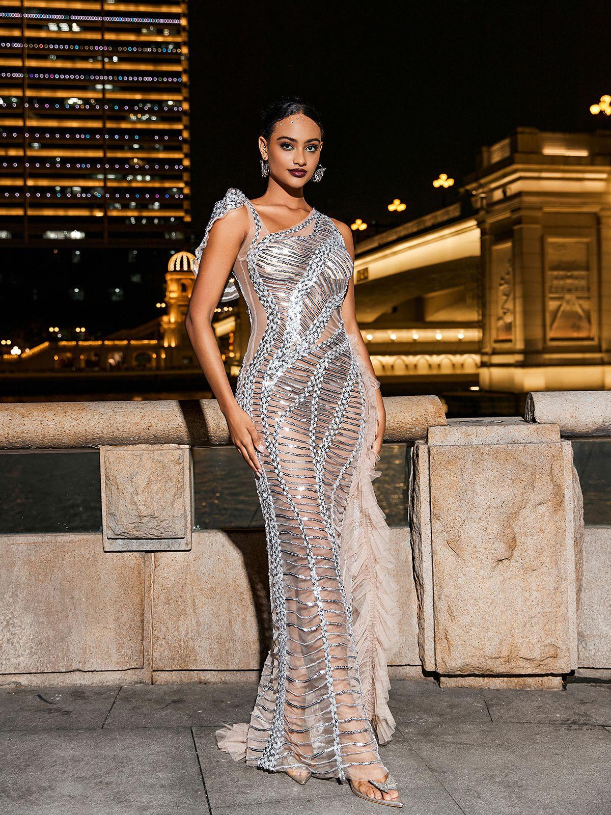 Sequin Mesh One Shoulder Cut Out Ruffle Train Maxi Gown
