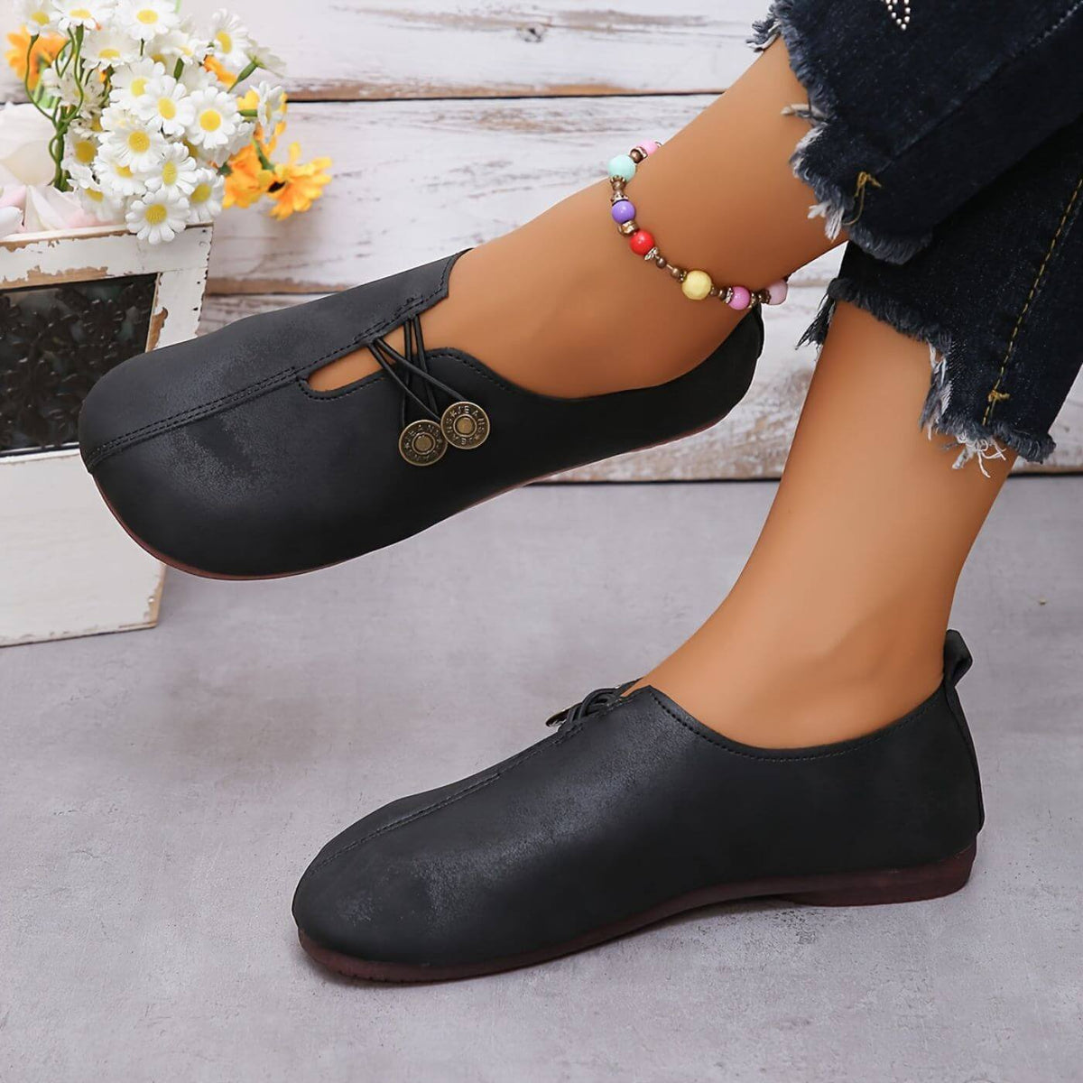 Square Toe Button Strap Suede Look Flat Mules