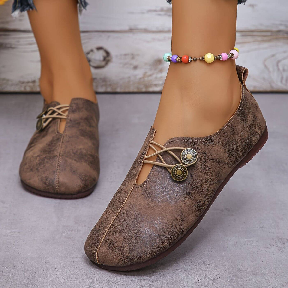Round Toe Button Strap Slip On Flats