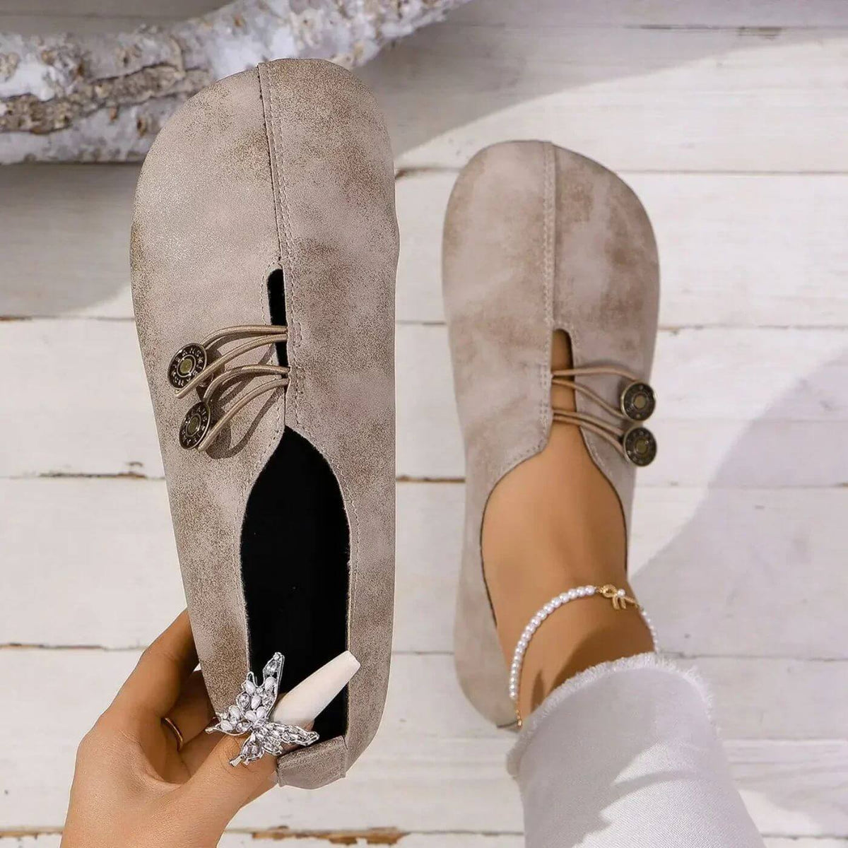 Round Toe Button Strap Slip On Flats