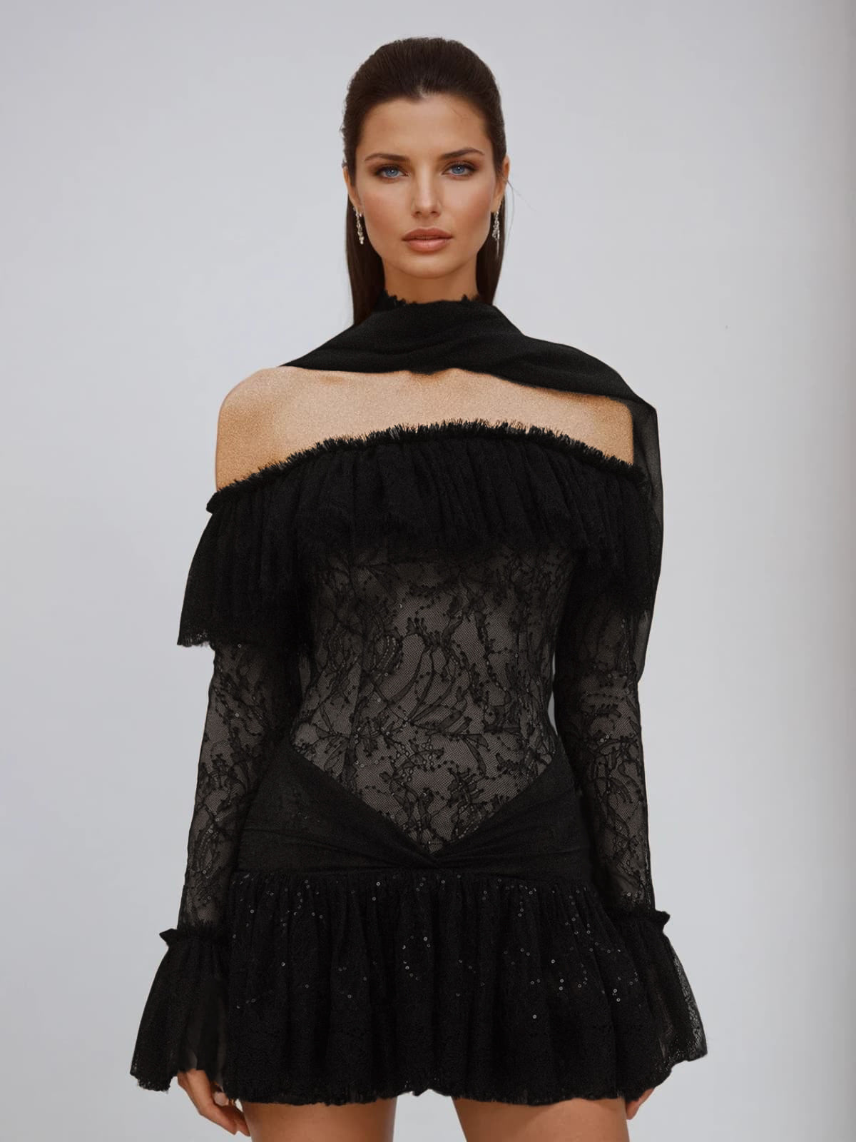 Lace Off Shoulder Long Sleeve Ruffle Tiered Mini Dress