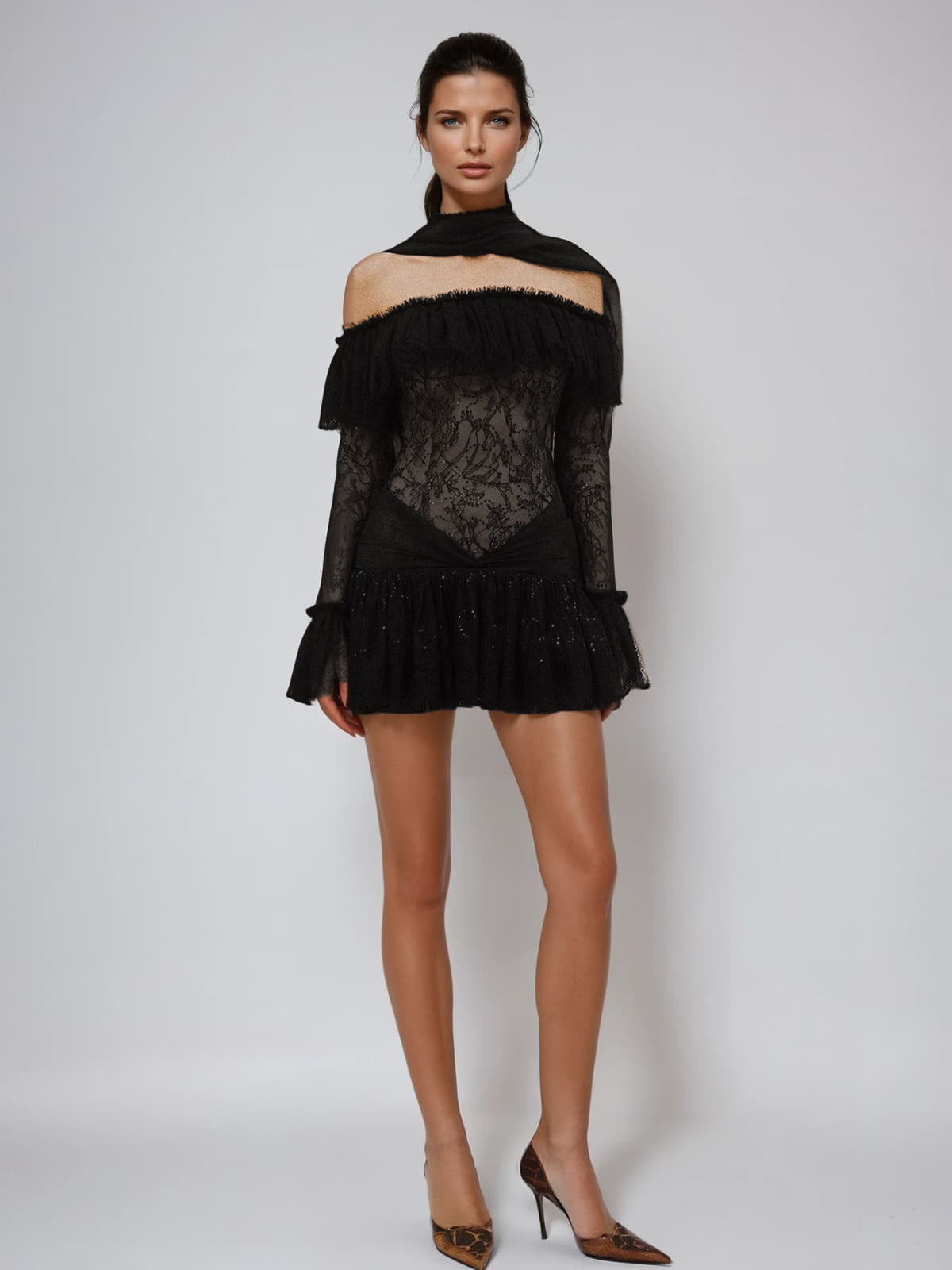 Lace Off Shoulder Long Sleeve Ruffle Tiered Mini Dress