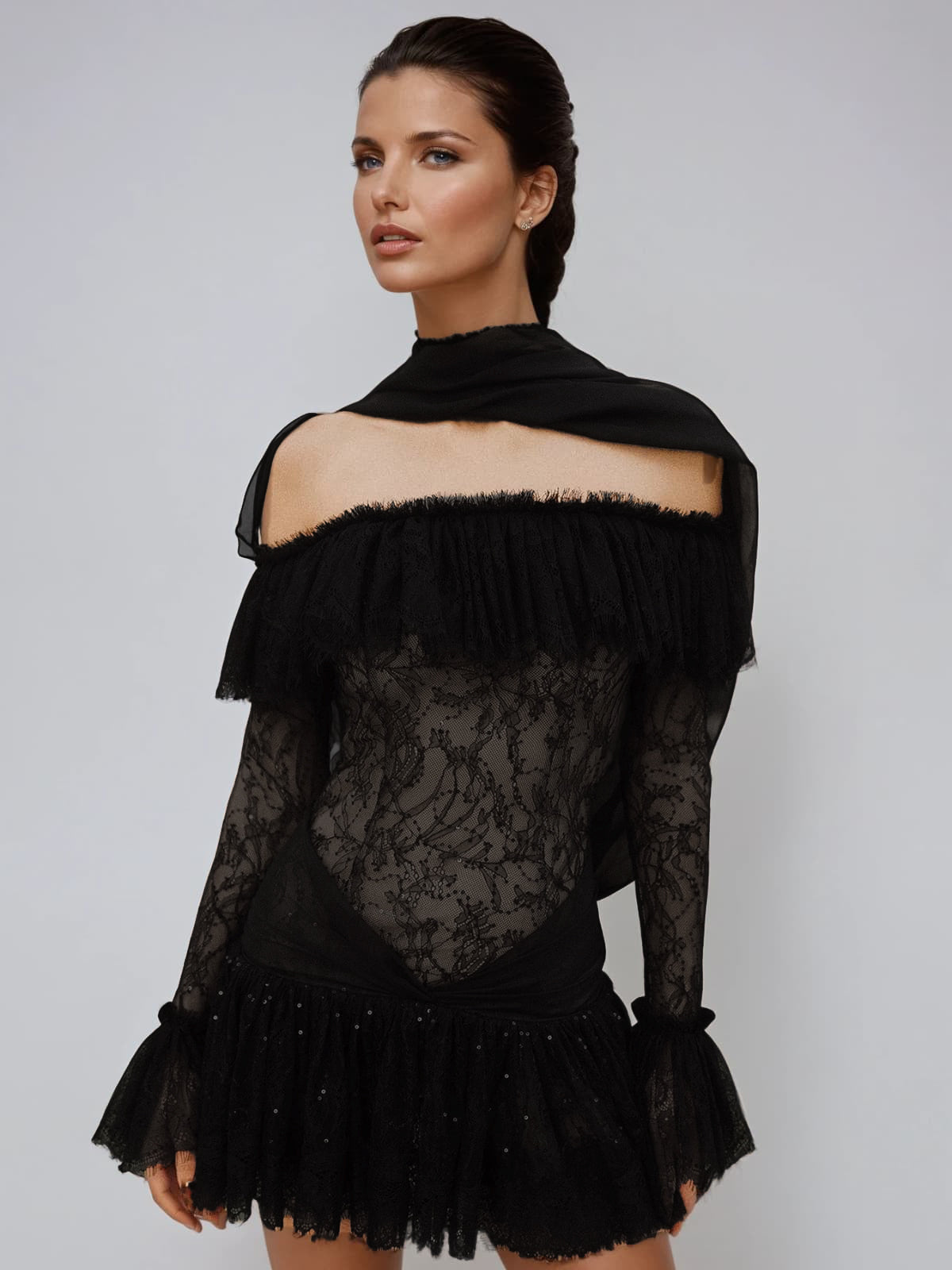 Lace Off Shoulder Long Sleeve Ruffle Tiered Mini Dress