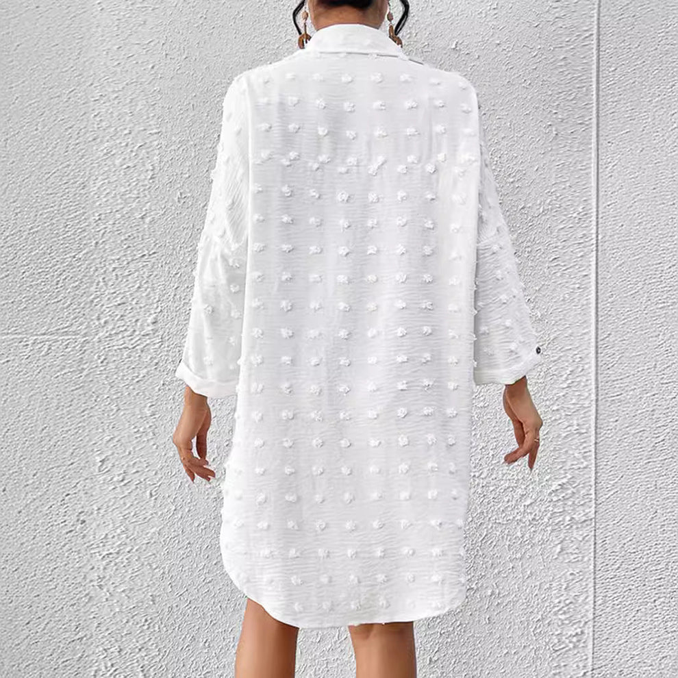 Swiss Dot Button Front Long Sleeve Beach Cover Up Shirt