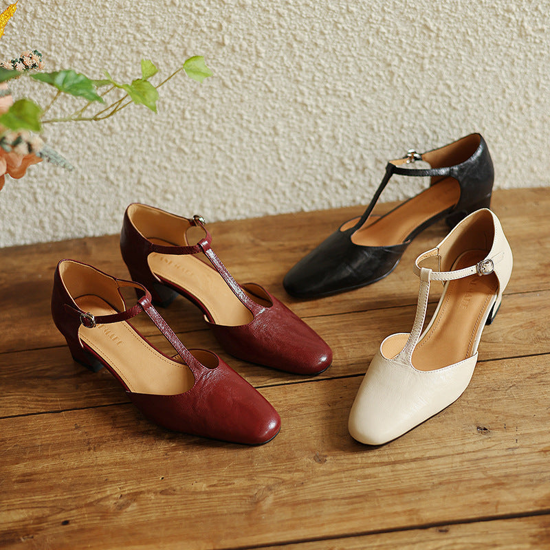 Square Toe T-Strap Block Heel Pumps