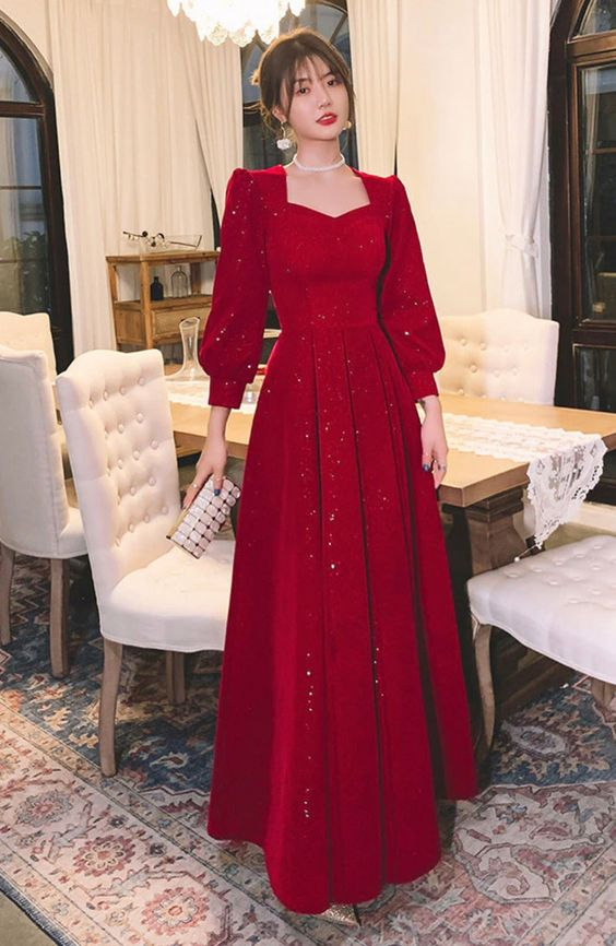 Red Glitter Modest Prom Dress Muslim Formal Evening cc917
