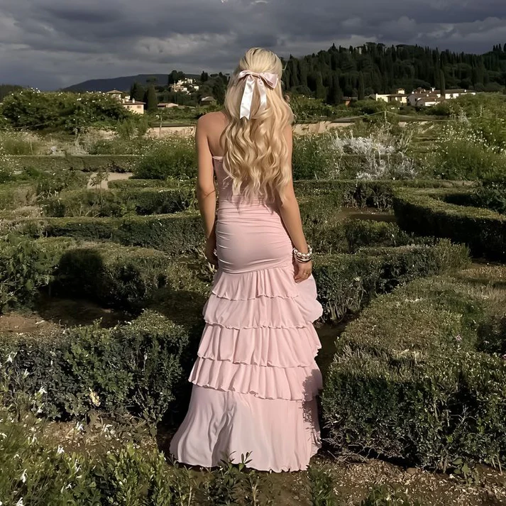 Sweet Pink Chiffon Strapless Evening Dress Multi-Layered Slit Prom Party Dress cc1945