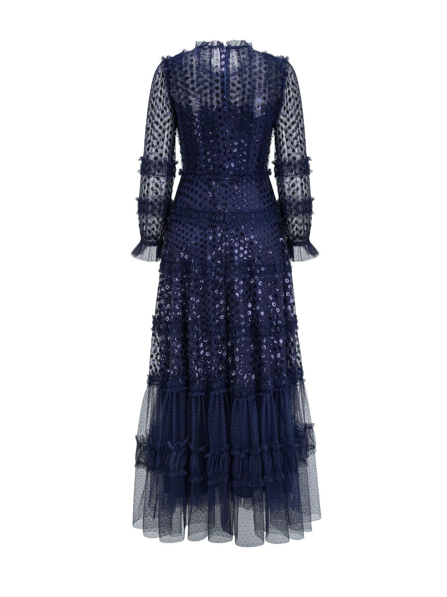 A Line Dark Navy Sequins Long Sleeves Formal Dress